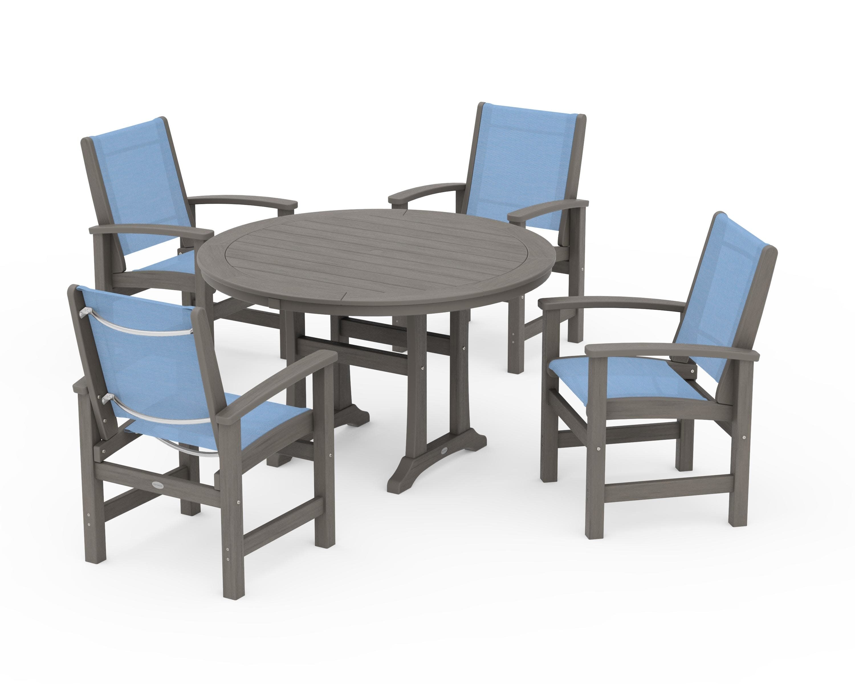 Coastal 5-Piece Round Dining Set with Trestle Legs in Driftwood / Poolside Sling