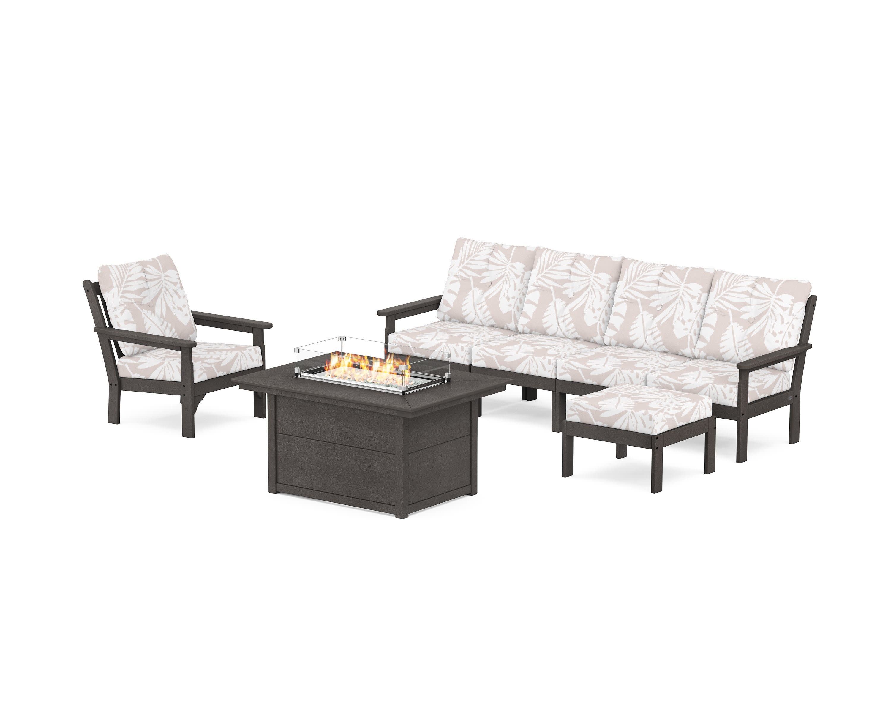 Vineyard Sectional Lounge and Fire Pit Set in Vintage Coffee / Leaf Dune Burlap