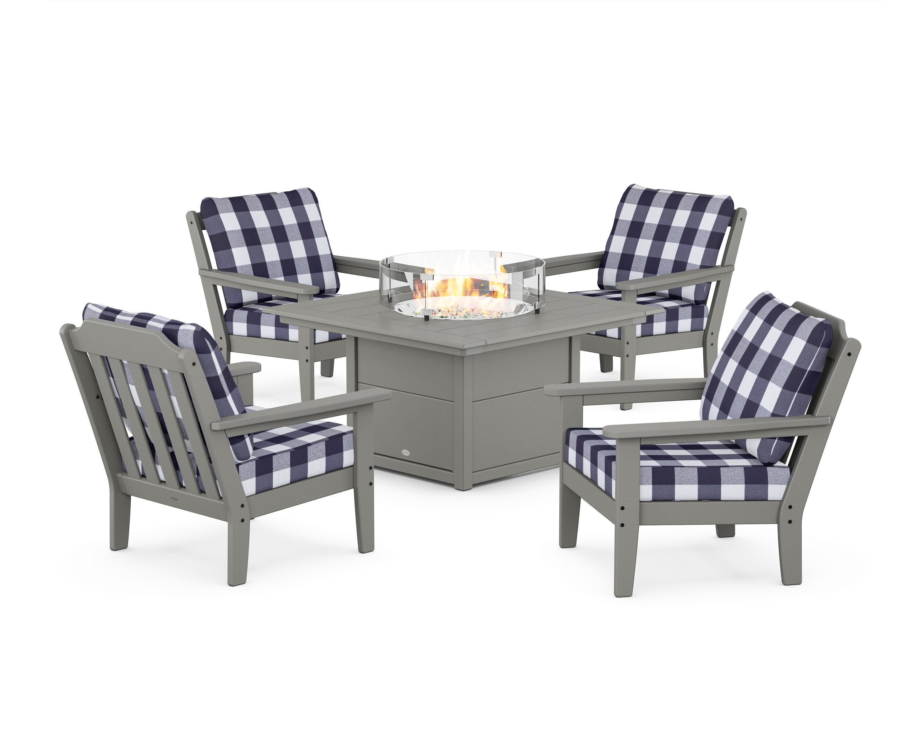 Cottage 5-Piece Deep Seating Set with Fire Pit Table in Slate Grey / Buffalo Plaid Navy