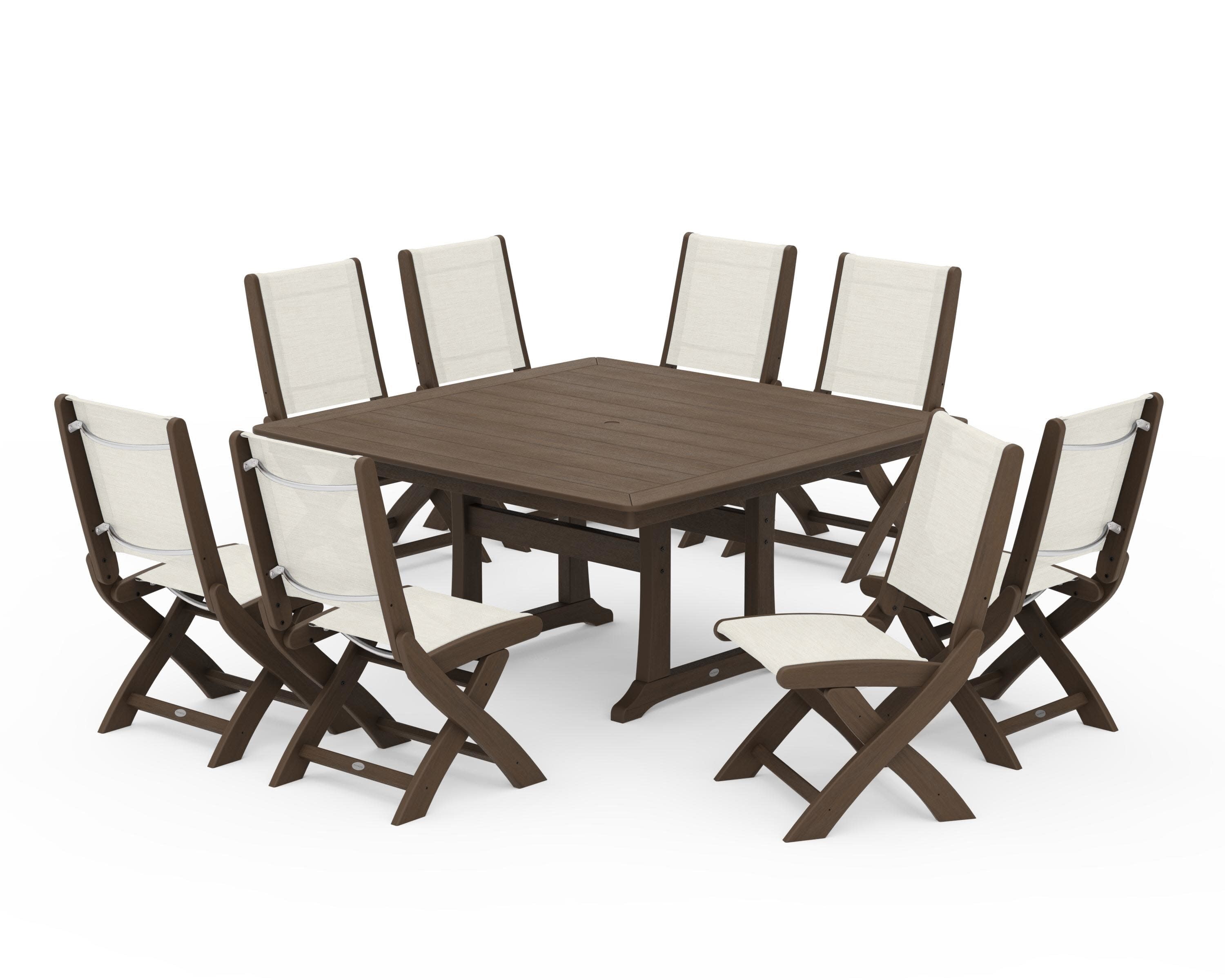Coastal Folding Side Chair 9-Piece Dining Set with Trestle Legs in Kona / Parchment Sling