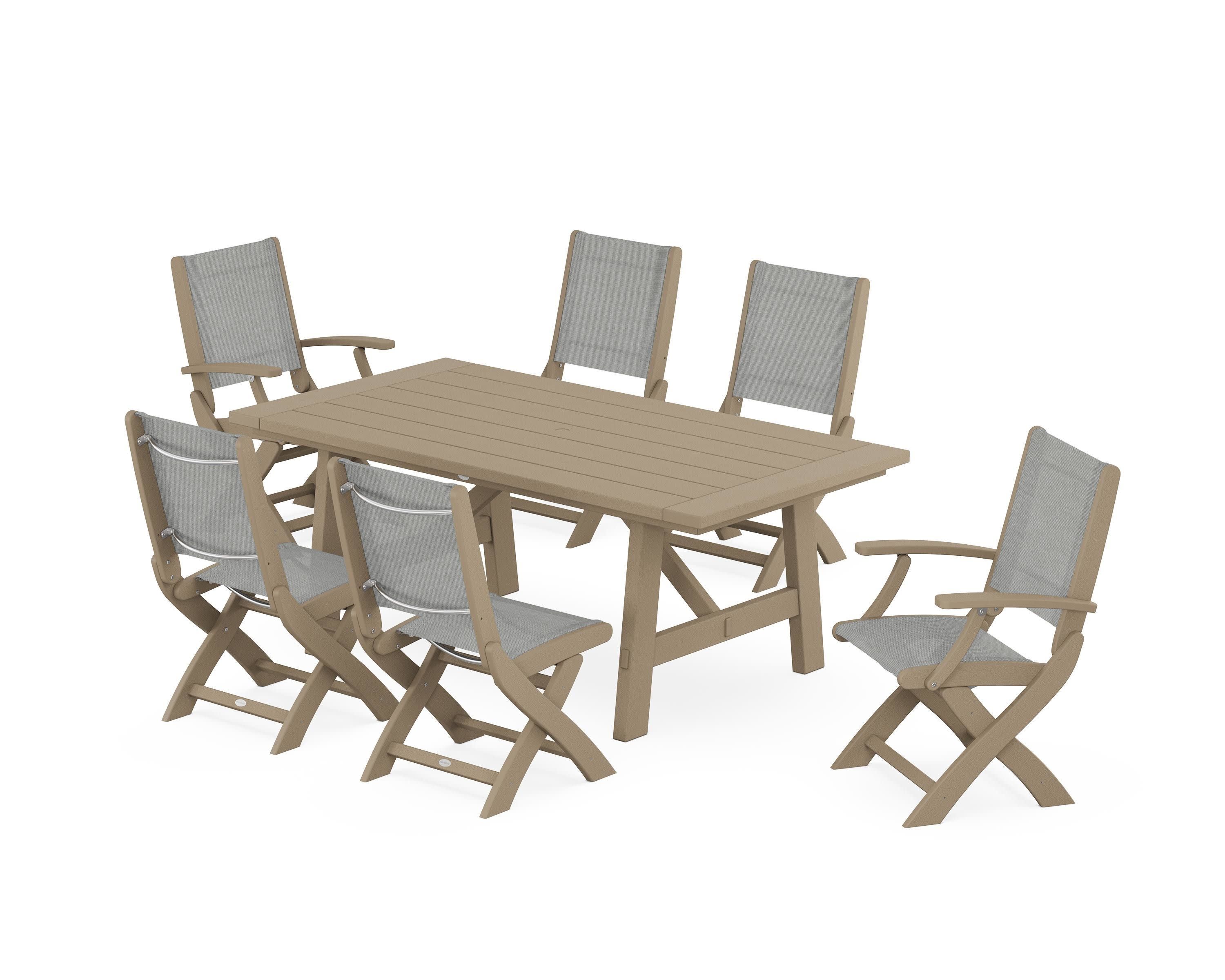 Coastal Folding Chair 7-Piece Rustic Farmhouse Dining Set in Vintage Sahara / Metallic Sling