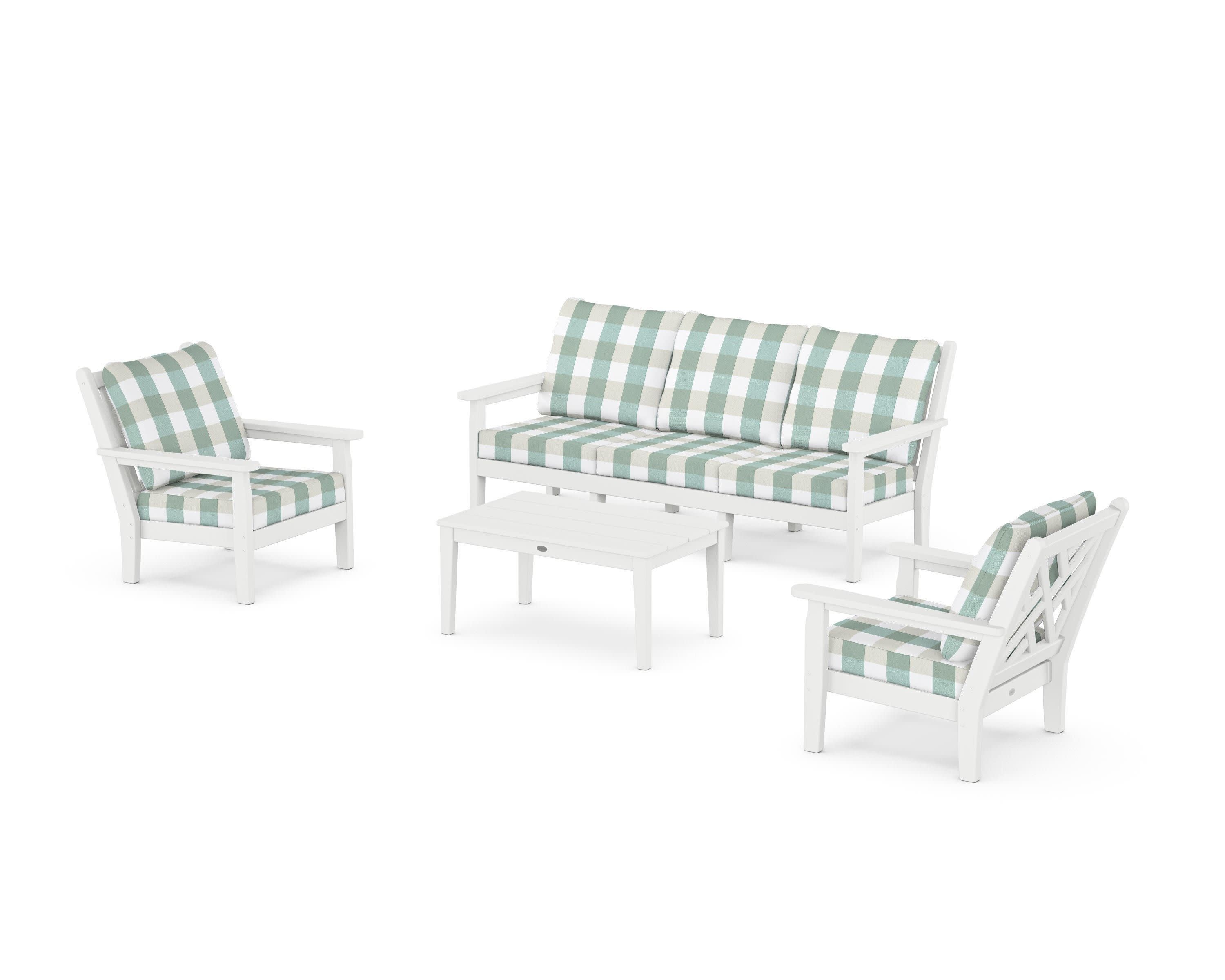 Chippendale 4-Piece Deep Seating Set with Sofa in White / Buffalo Plaid Glacier Spa