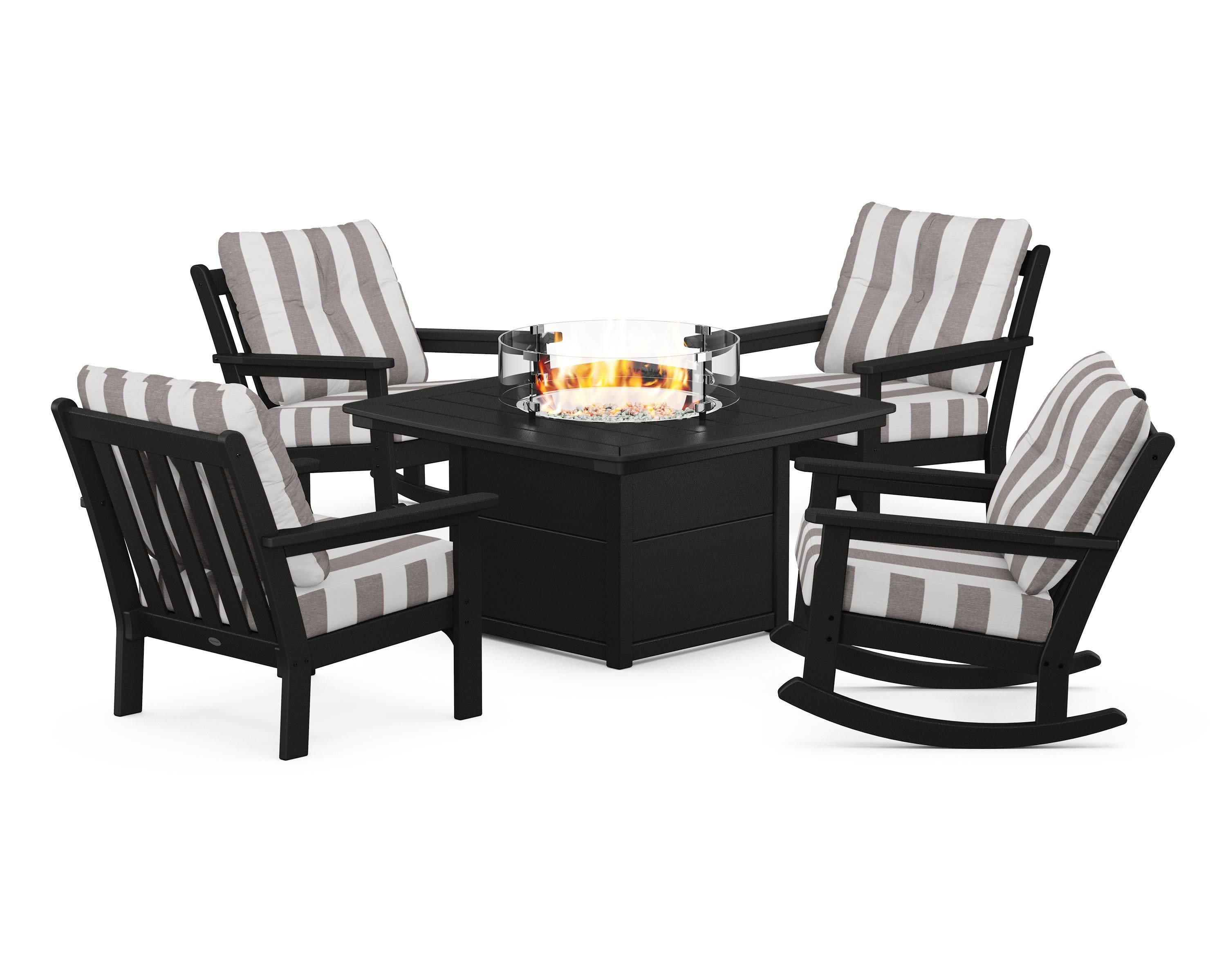 Vineyard 5-Piece Deep Seating Rocking Chair Conversation Set with Fire Pit Table in Black / Cabana Stripe Grey Mist