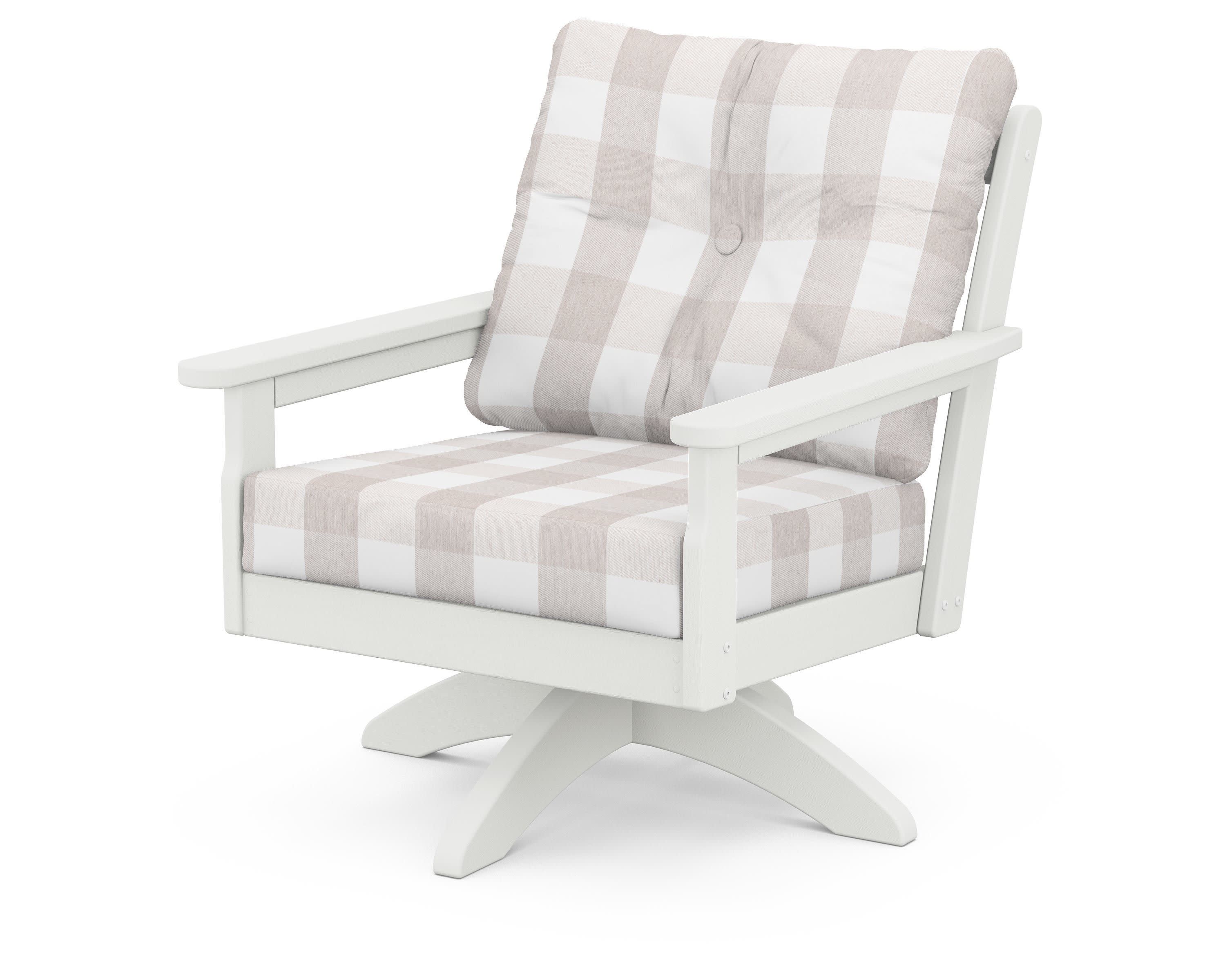 Vineyard Deep Seating Swivel Chair in Vintage White / Buffalo Plaid Dune Burlap