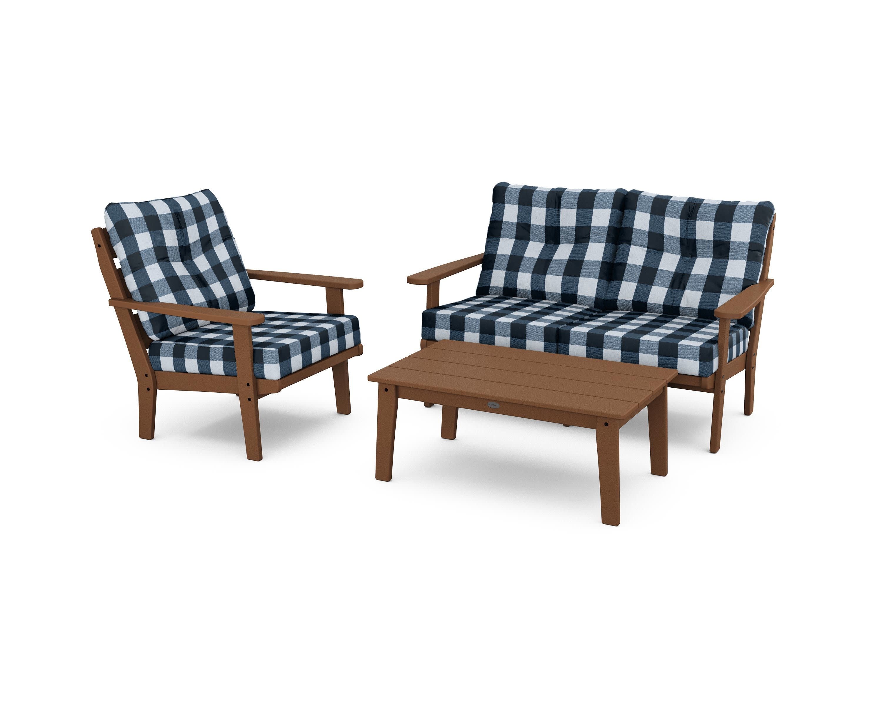 Lakeside 3-Piece Deep Seating Set in Teak / Buffalo Plaid Marine Indigo