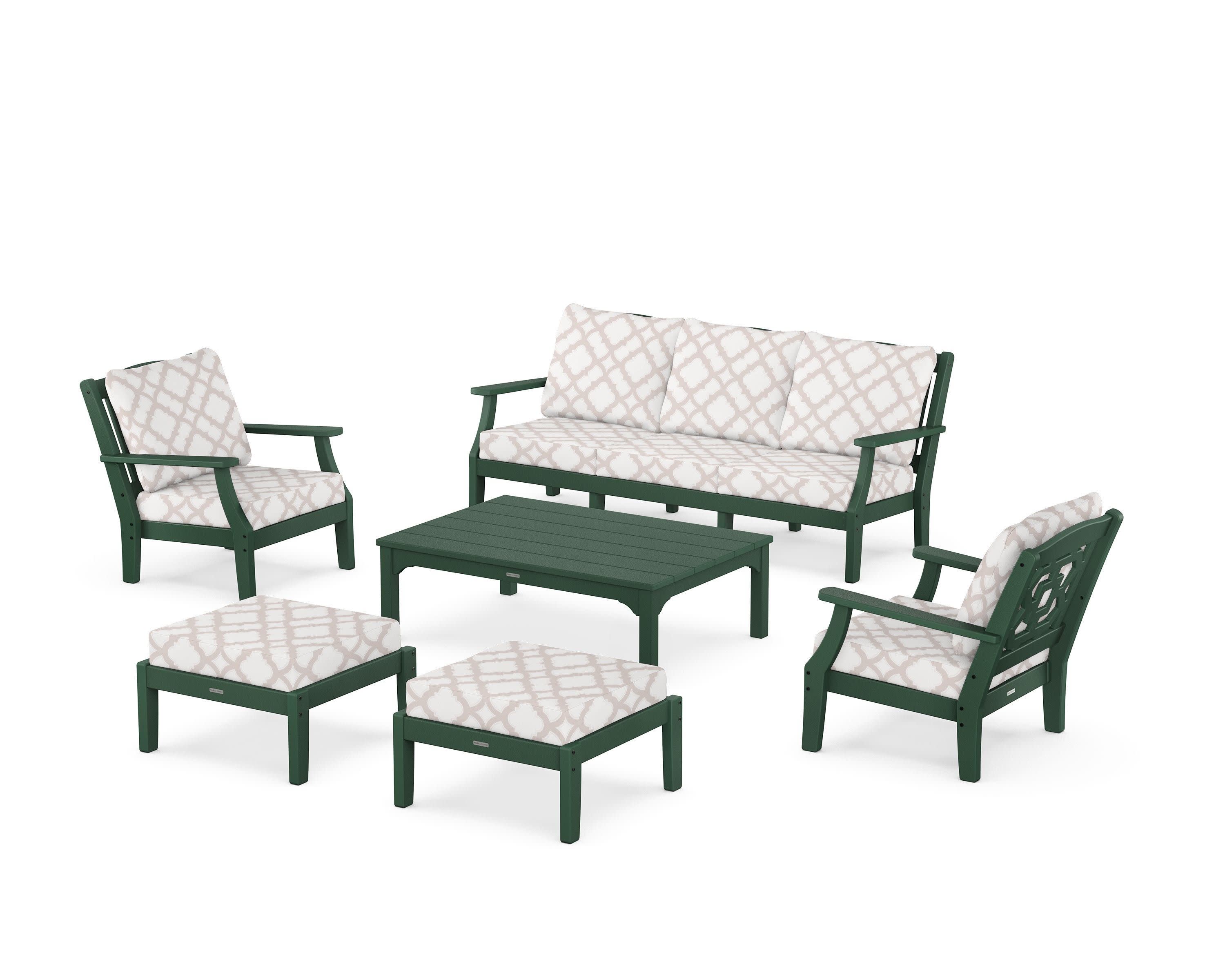 Chinoiserie 6-Piece Lounge Sofa Set in Green / Trellis Dune Burlap