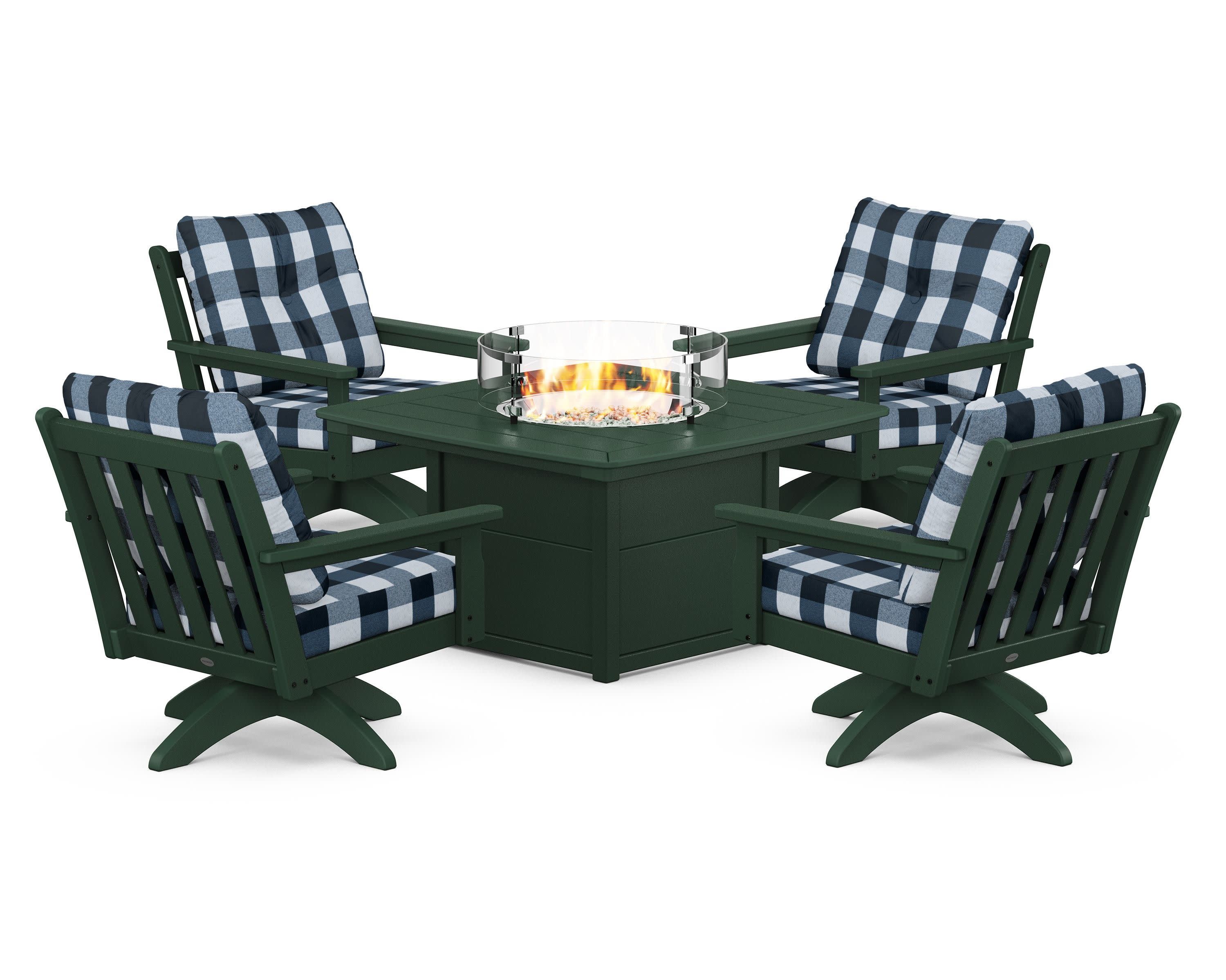 Vineyard 5-Piece Deep Seating Swivel Conversation Set with Fire Pit Table in Green / Buffalo Plaid Marine Indigo