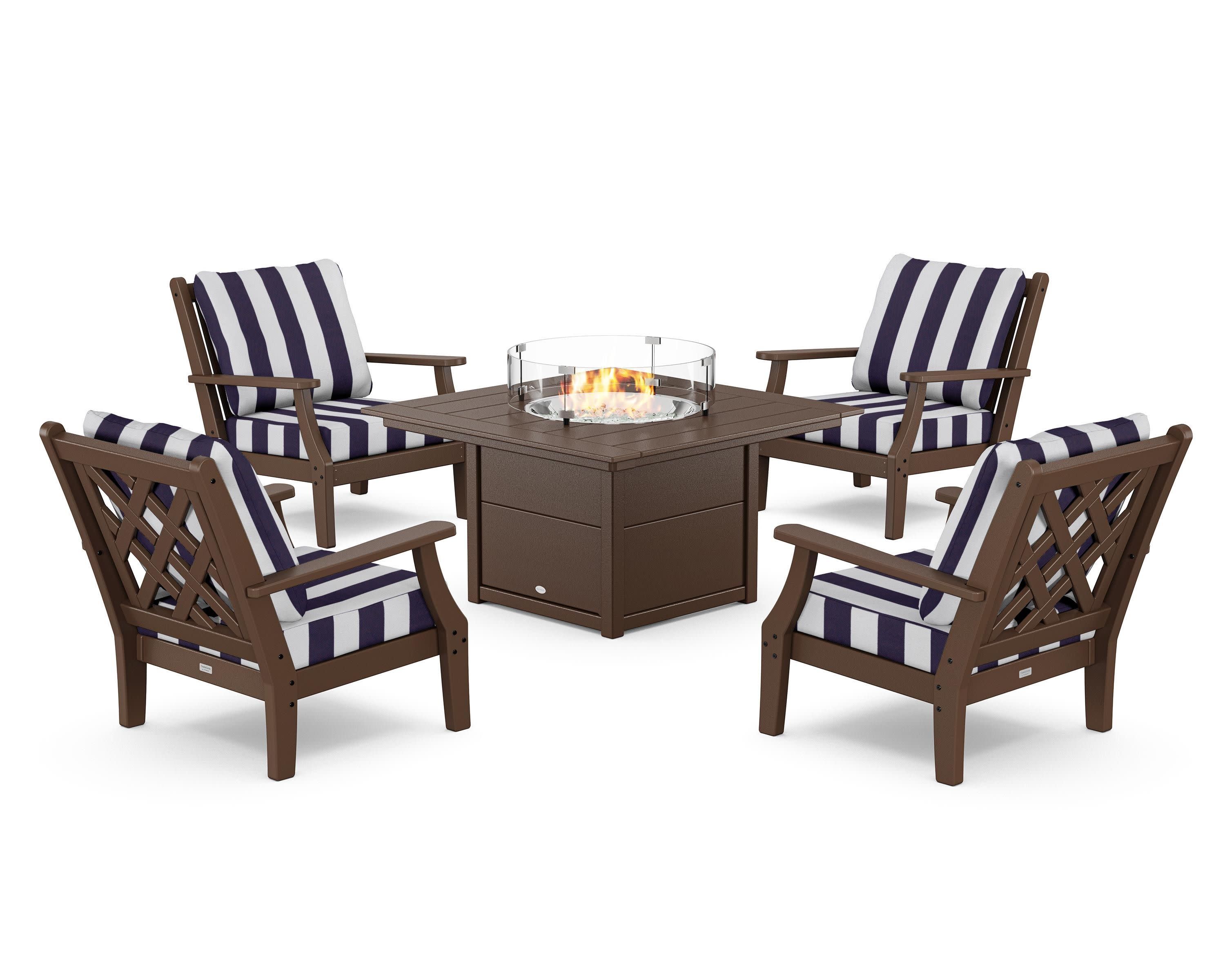 Wovendale 5-Piece Deep Seating Set with Fire Pit Table in Mahogany / Cabana Stripe Navy