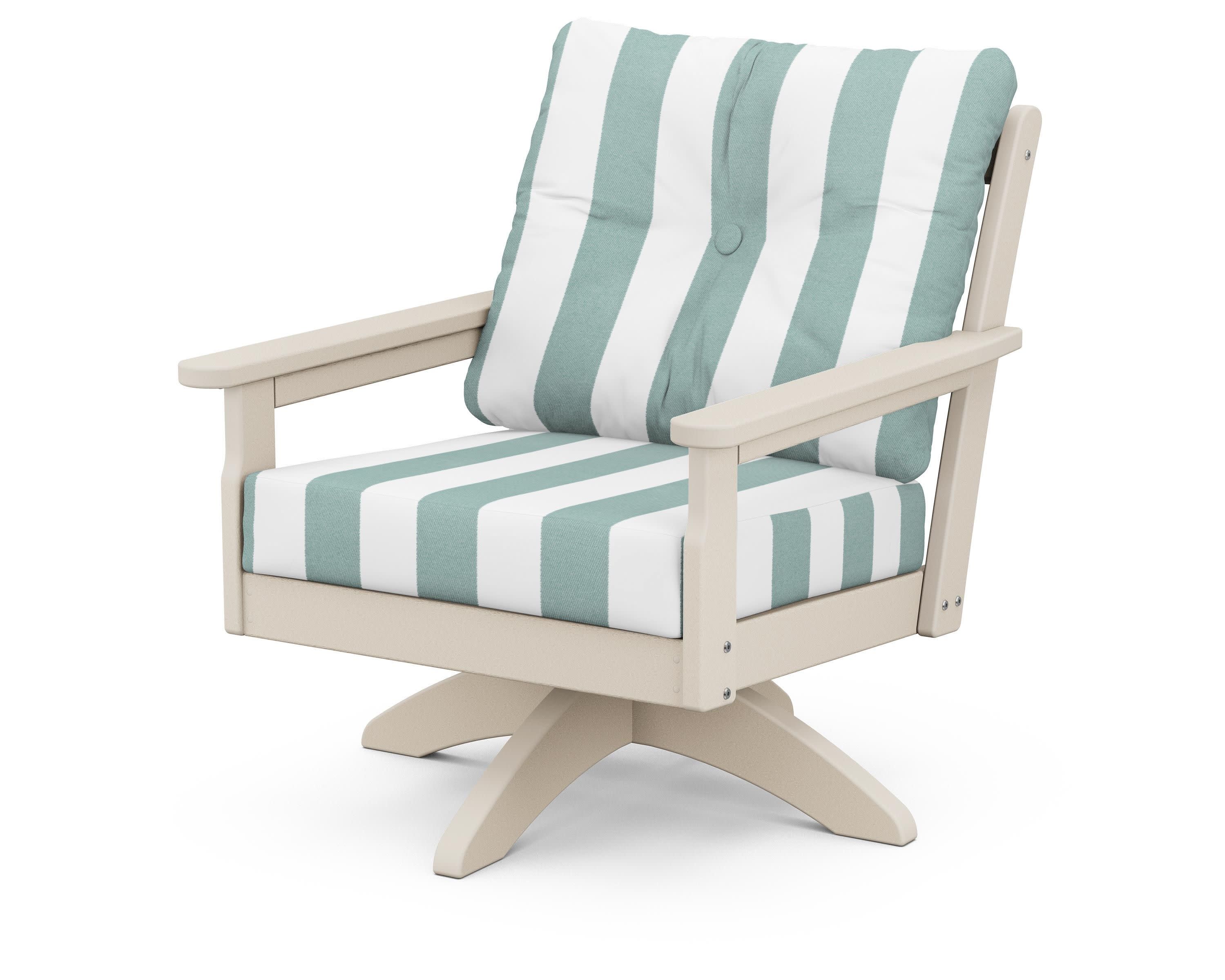 Vineyard Deep Seating Swivel Chair in Sand / Cabana Stripe Glacier Spa