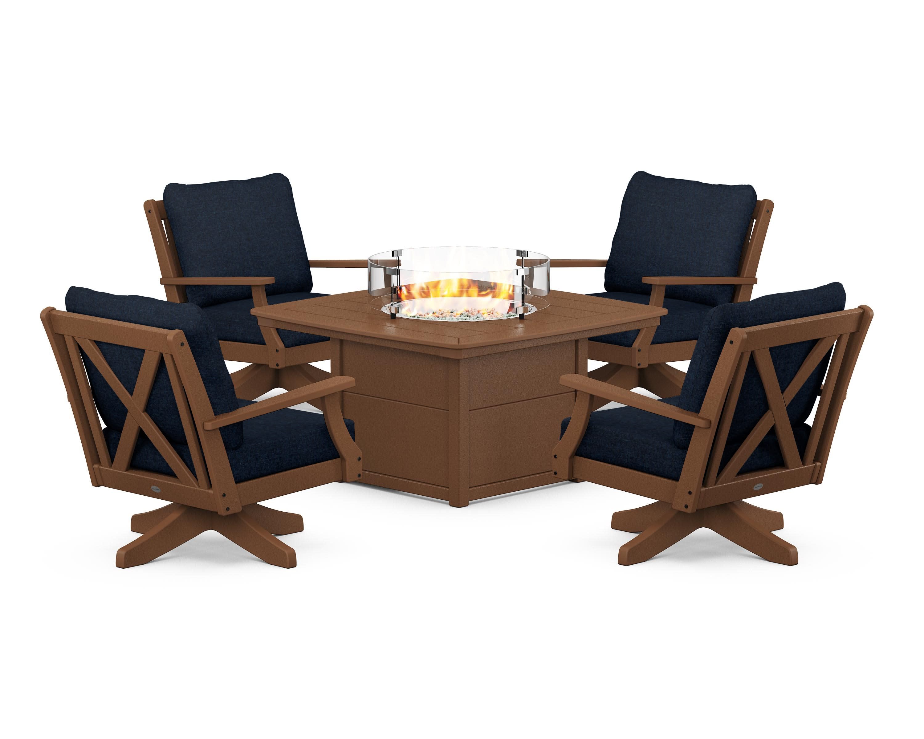 Braxton 5-Piece Deep Seating Swivel Conversation Set with Fire Pit Table in Teak / Marine Indigo