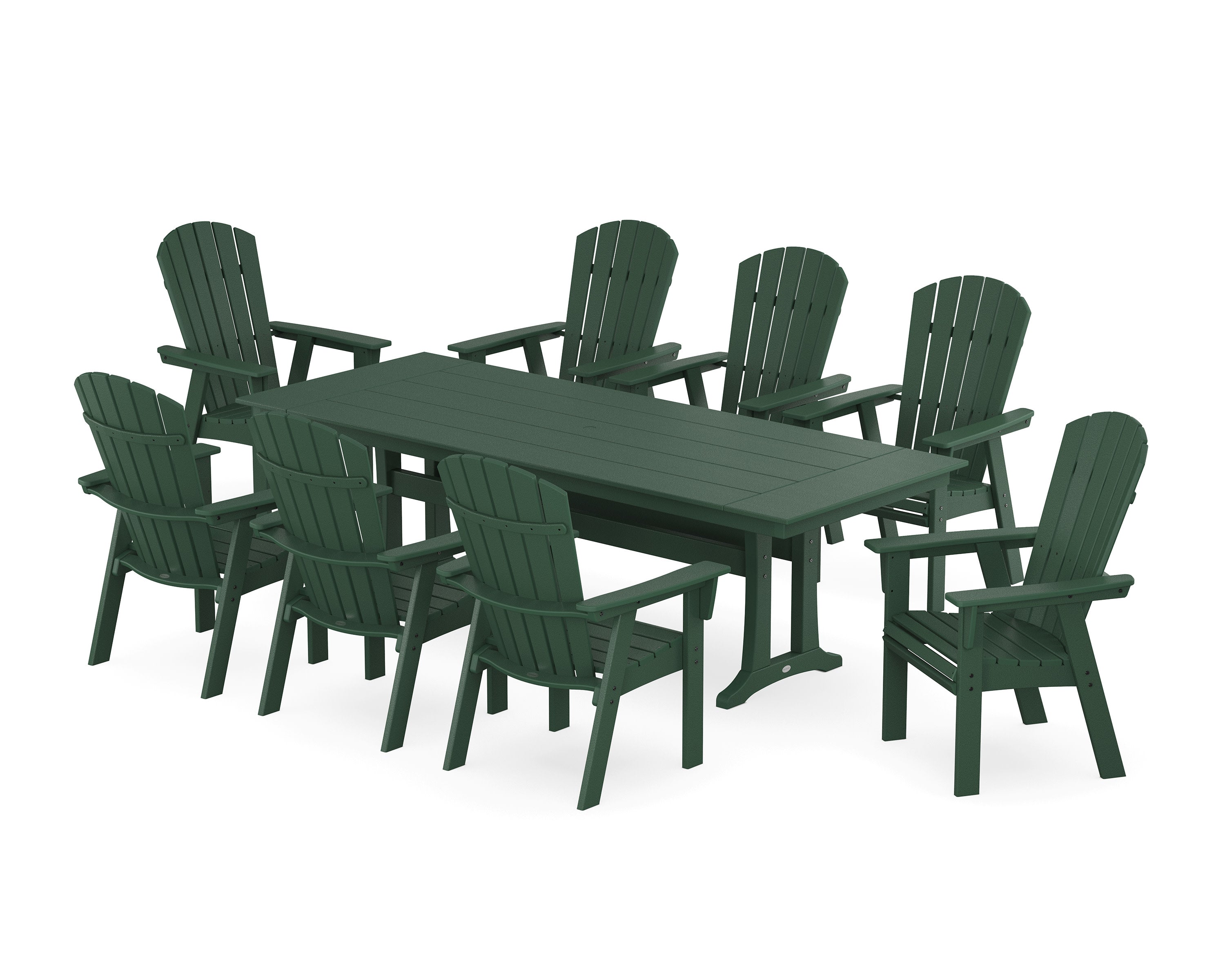 Nautical 9-Piece Curveback Adirondack Farmhouse Dining Set with Trestle Legs in Green