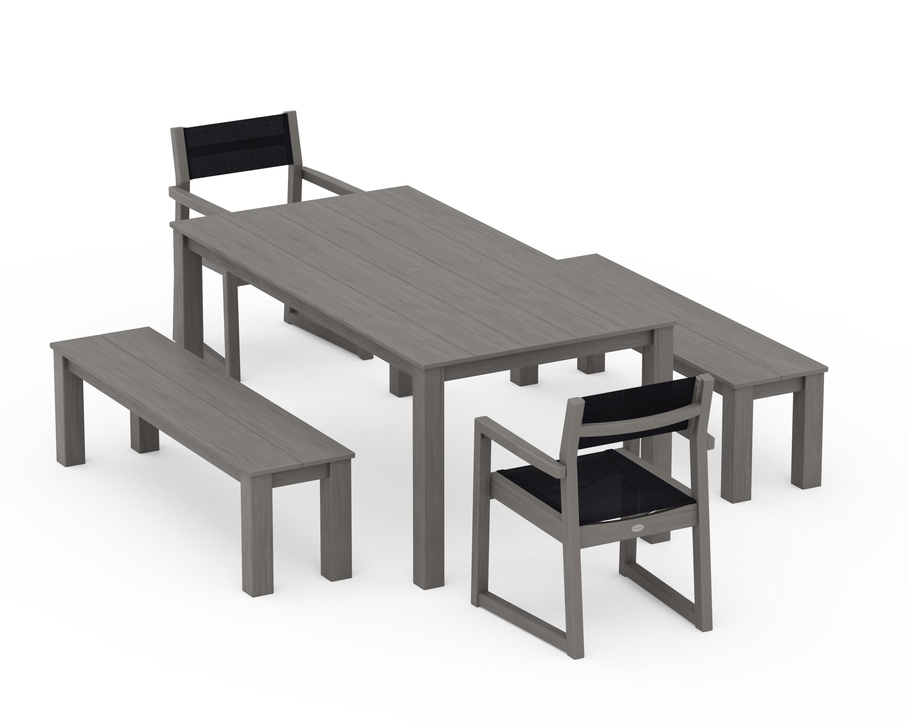 EDGE Sling Arm Chair 5-Piece Parsons Dining Set with Benches in Driftwood / Black Sling