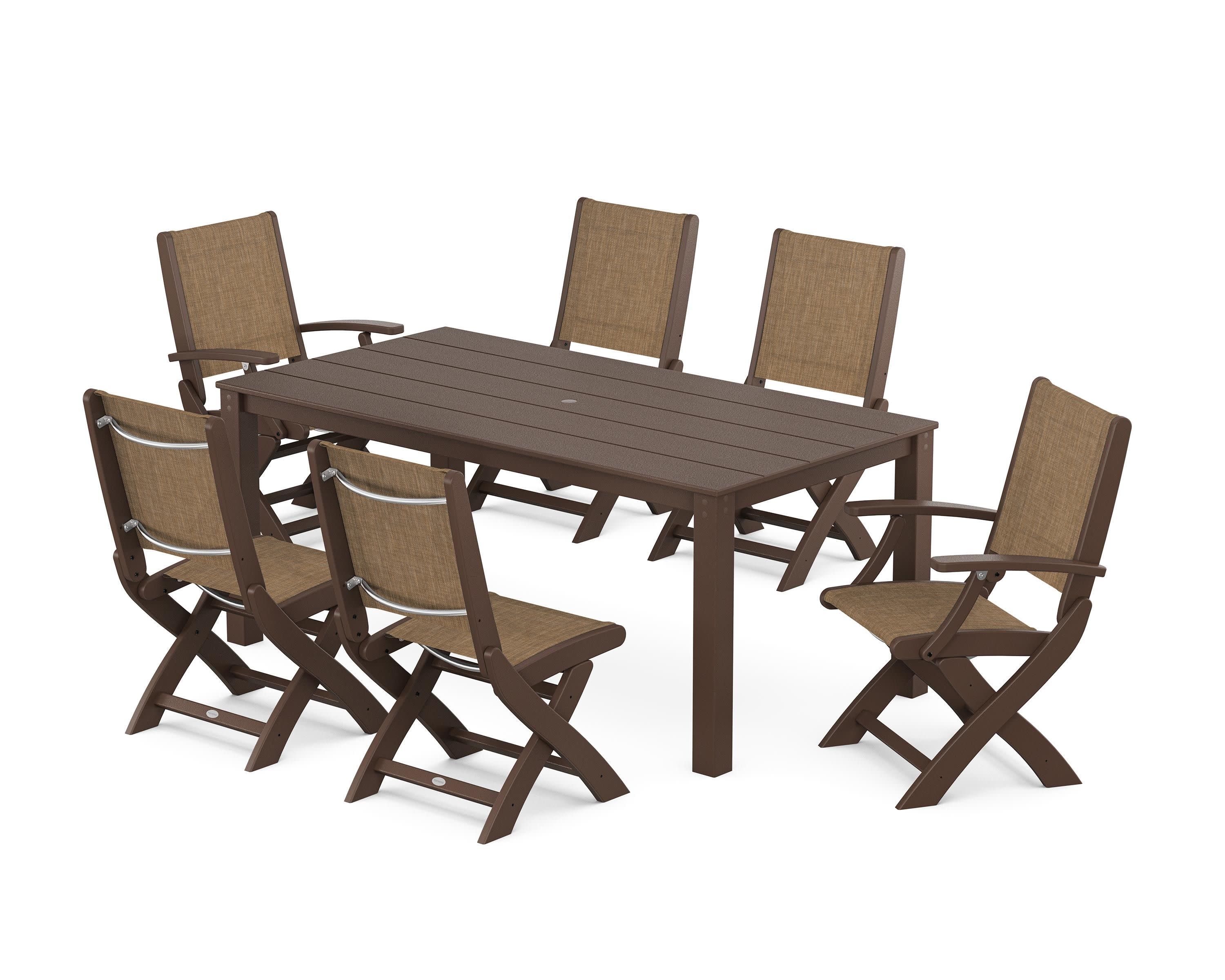 Coastal Folding Chair 7-Piece Parsons Dining Set in Mahogany / Burlap Sling