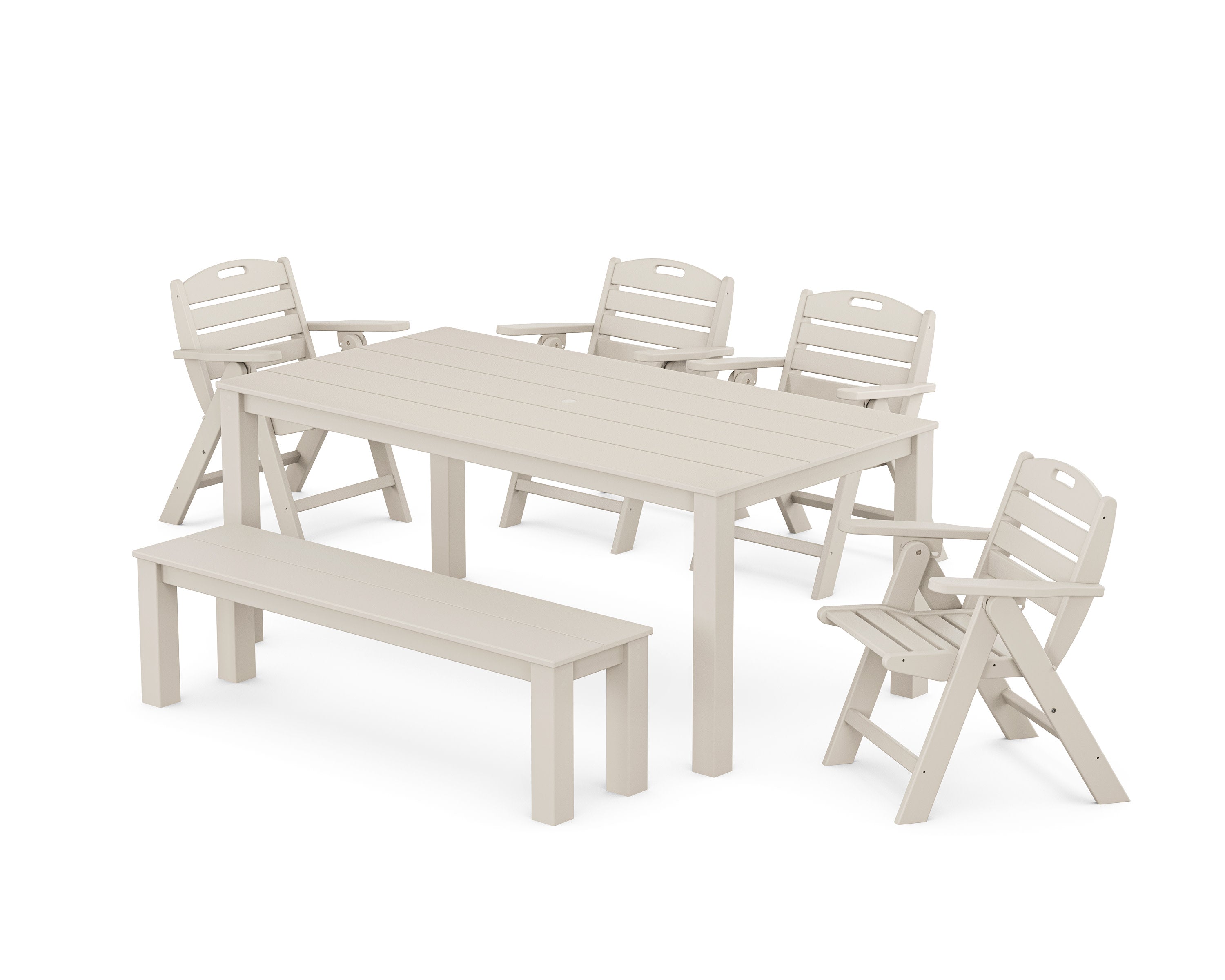 Nautical Folding Lowback Chair 6-Piece Parsons Dining Set with Bench in Sand