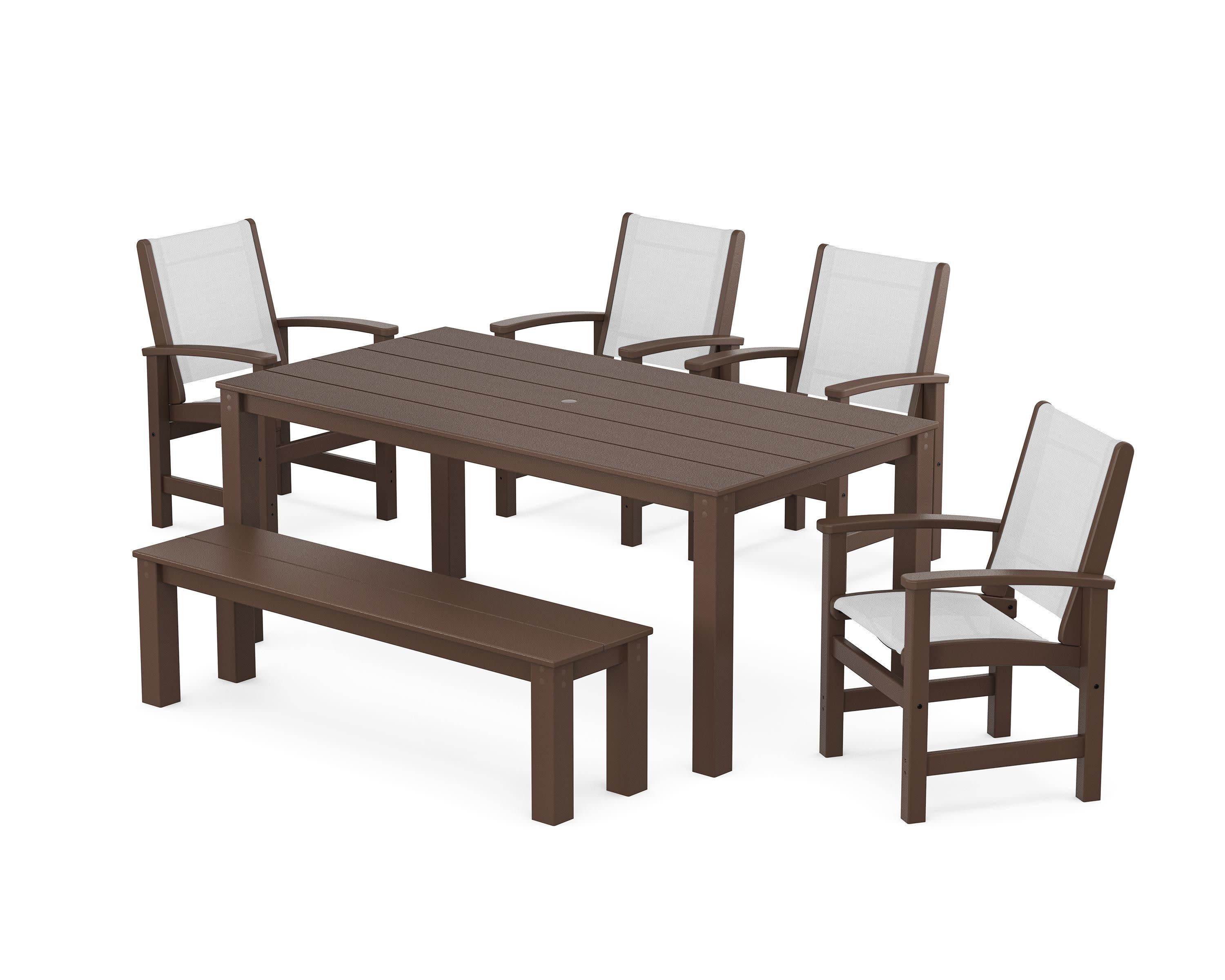 Coastal 6-Piece Parsons Dining Set with Bench in Mahogany / White Sling