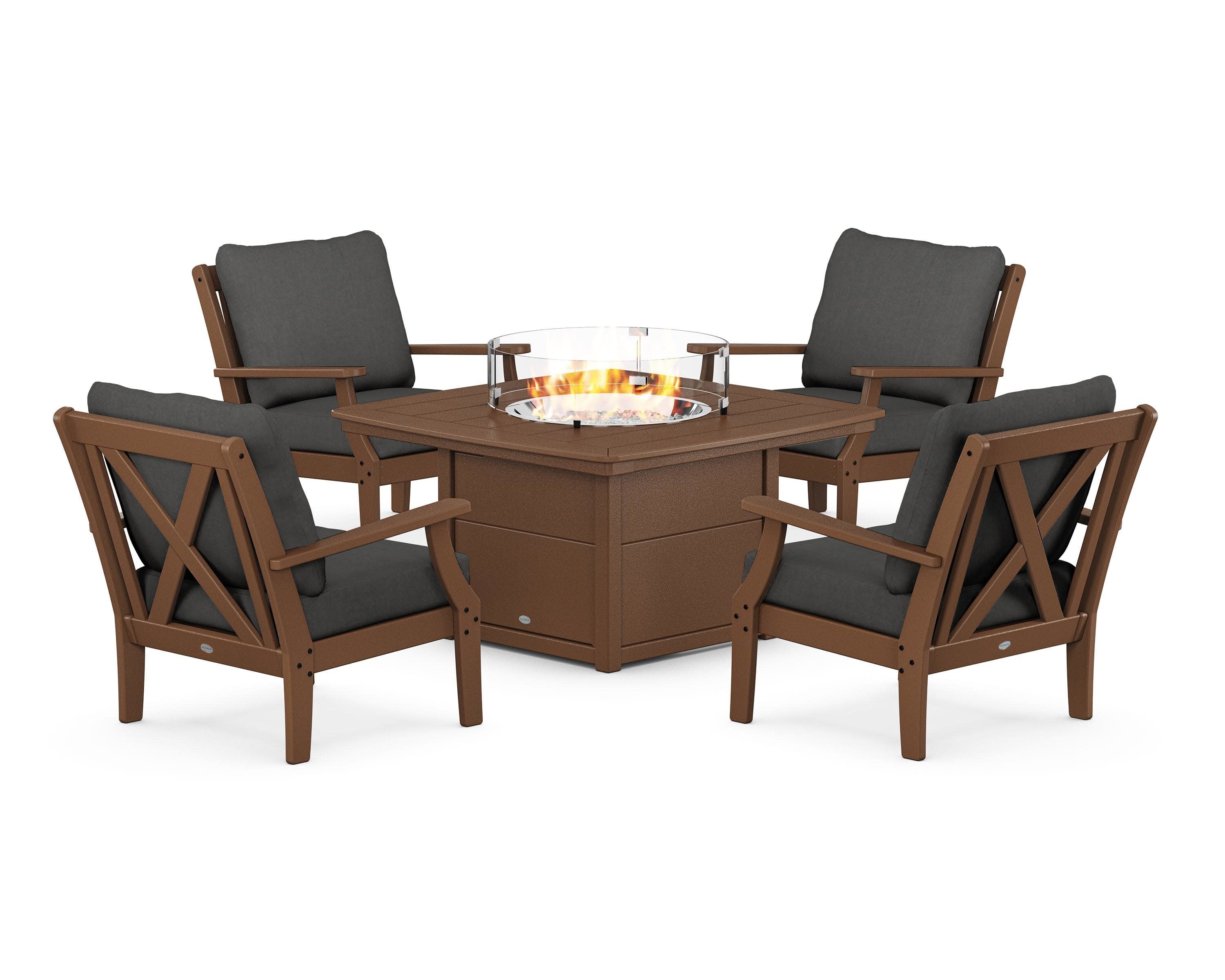 Braxton 5-Piece Deep Seating Conversation Set with Fire Pit Table in Teak / Spectrum Carbon