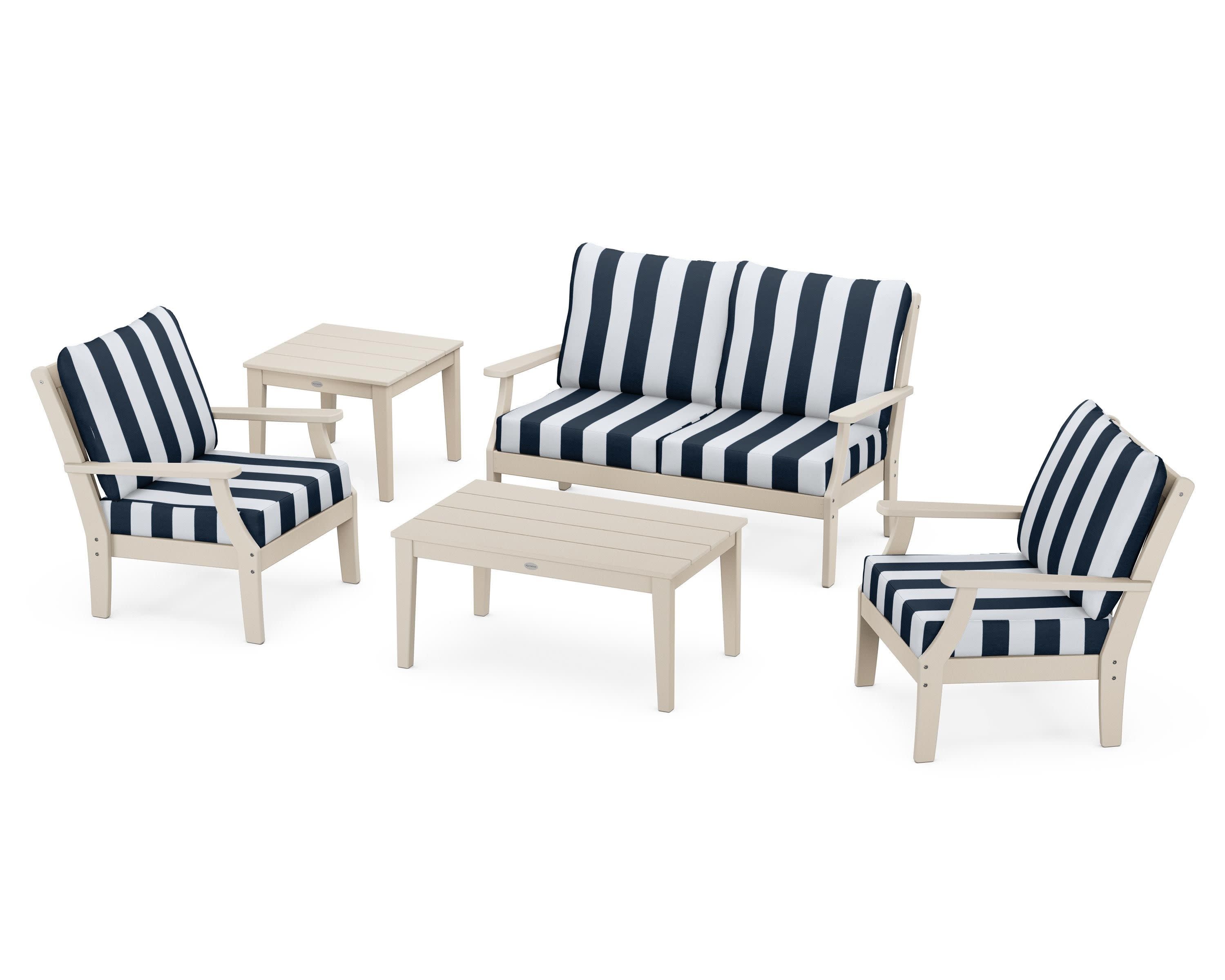 Braxton 5-Piece Deep Seating Set in Sand / Cabana Stripe Marine Indigo