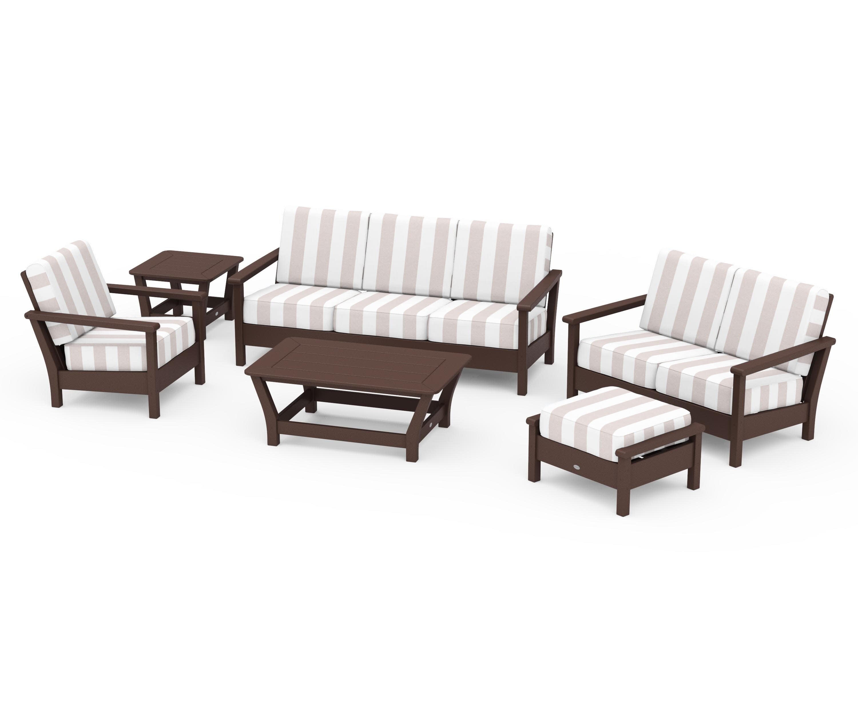 Harbour 6-Piece Outdoor Living Set in Mahogany / Cabana Stripe Dune Burlap