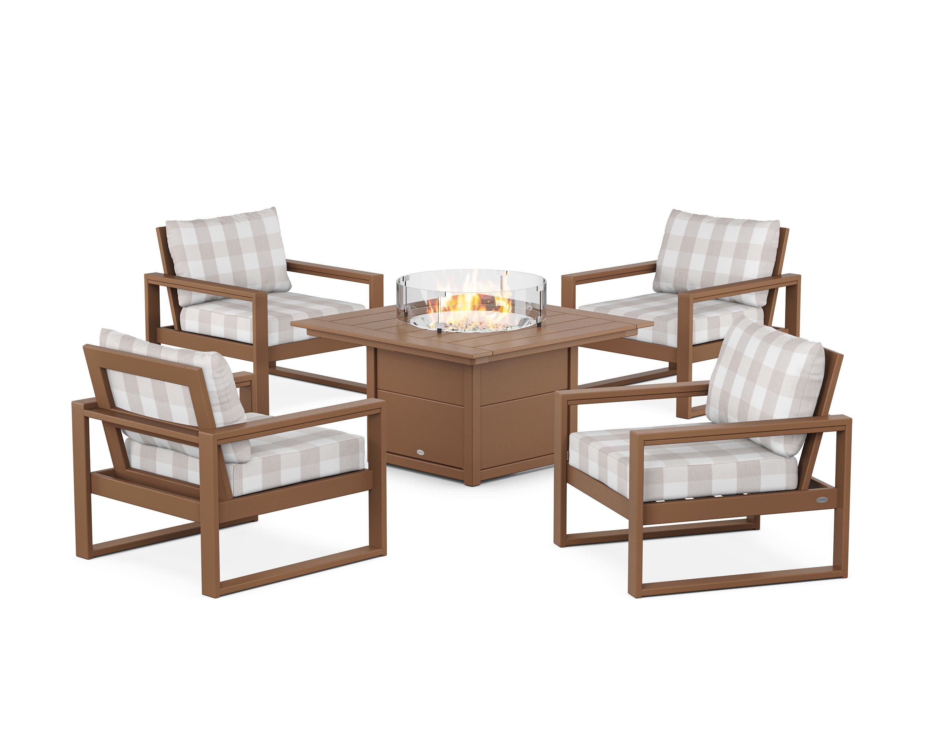 EDGE Sectional 5-Piece Deep Seating Set with Fire Pit Table in Teak / Buffalo Plaid Dune Burlap