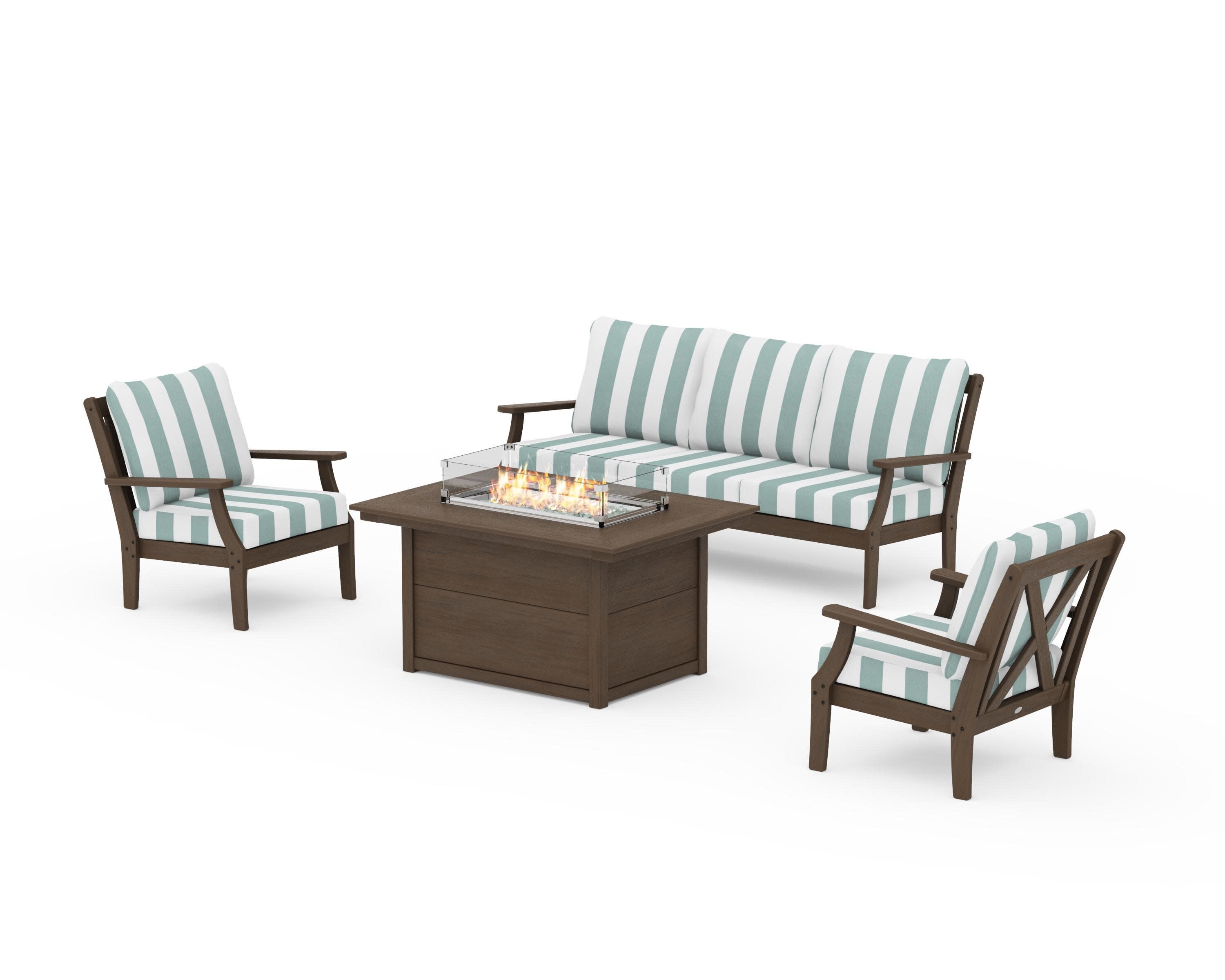 Braxton Deep Seating Fire Pit Table Set in Kona / Cabana Stripe Glacier Spa