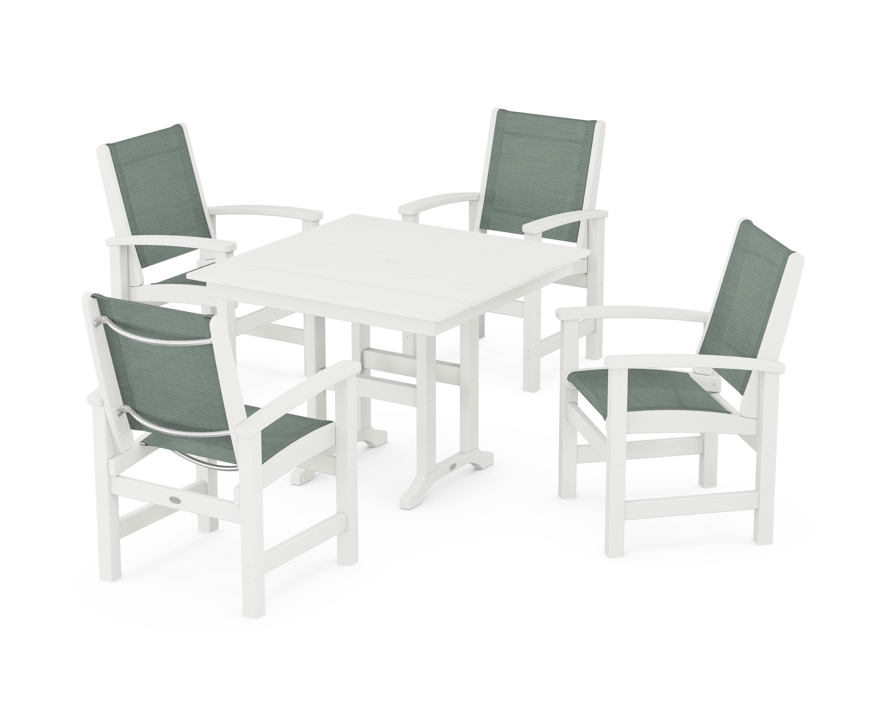 Coastal 5-Piece Farmhouse Dining Set in Vintage White / Dupioni Sea Mist Sling