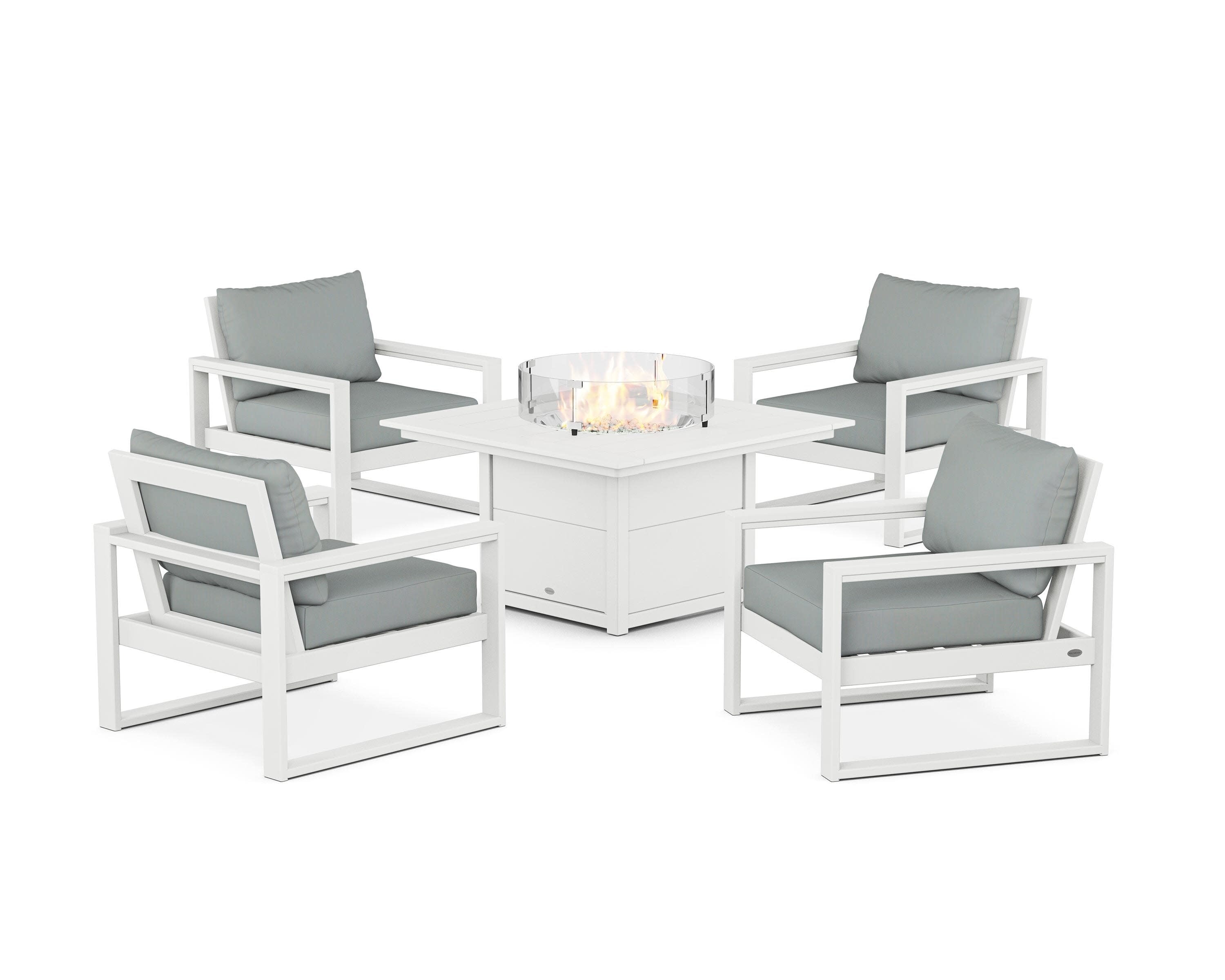 EDGE Sectional 5-Piece Deep Seating Set with Fire Pit Table in White / Spa