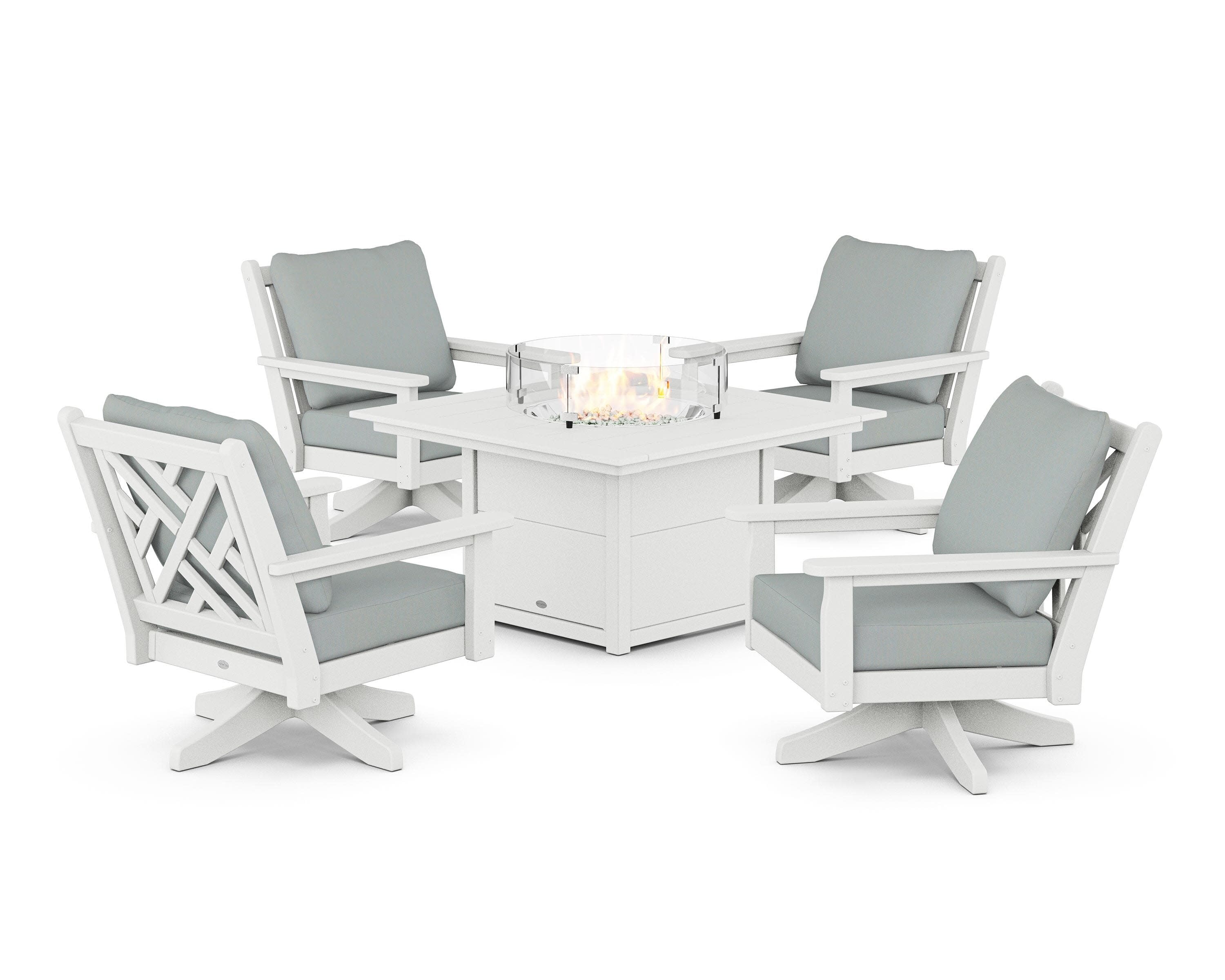 Chippendale 5-Piece Deep Seating Swivel Conversation Set with Fire Pit Table in White / Spa