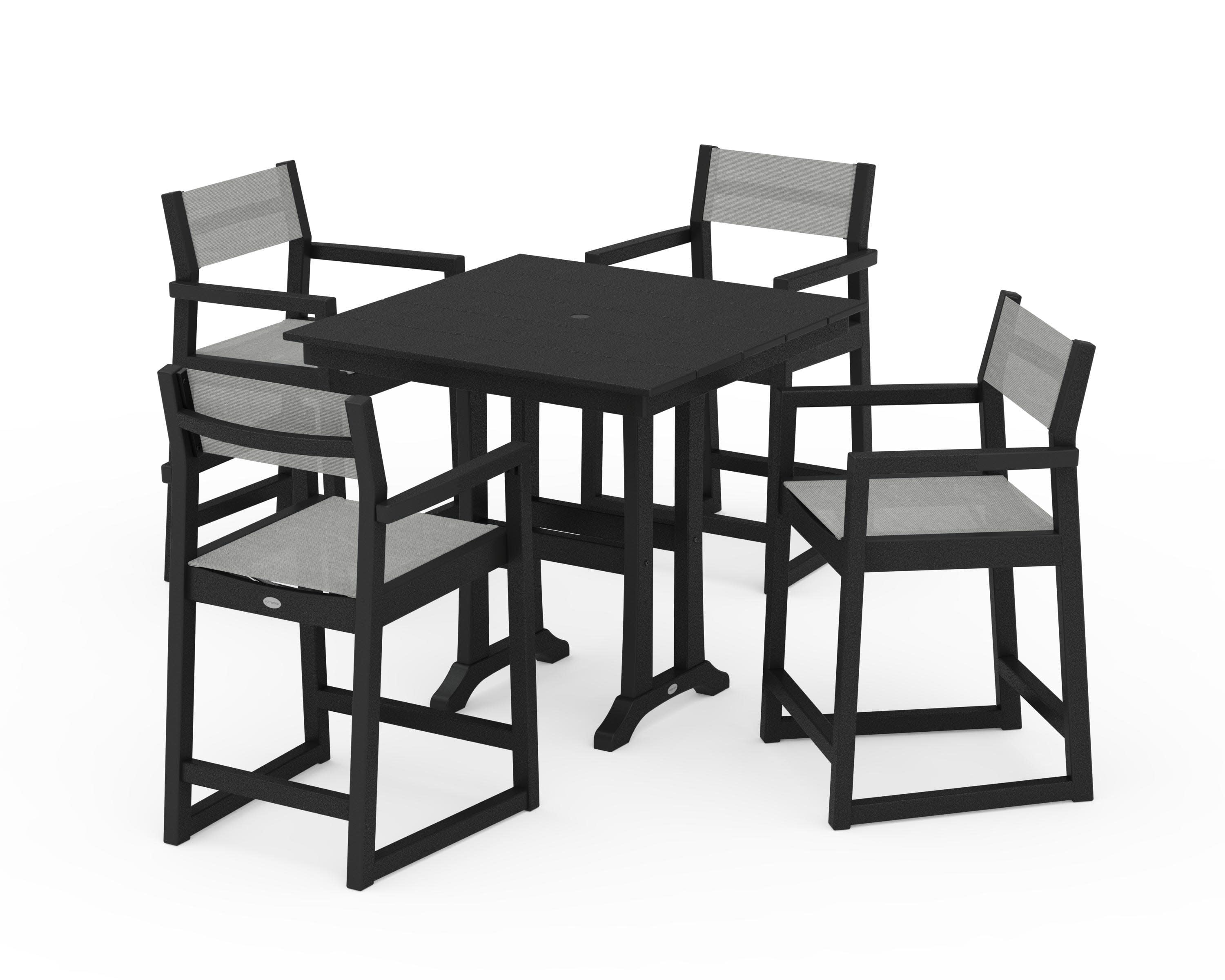 EDGE Sling Arm Chair 5-Piece Farmhouse Counter Set with Trestle Legs in Black / Metallic Sling