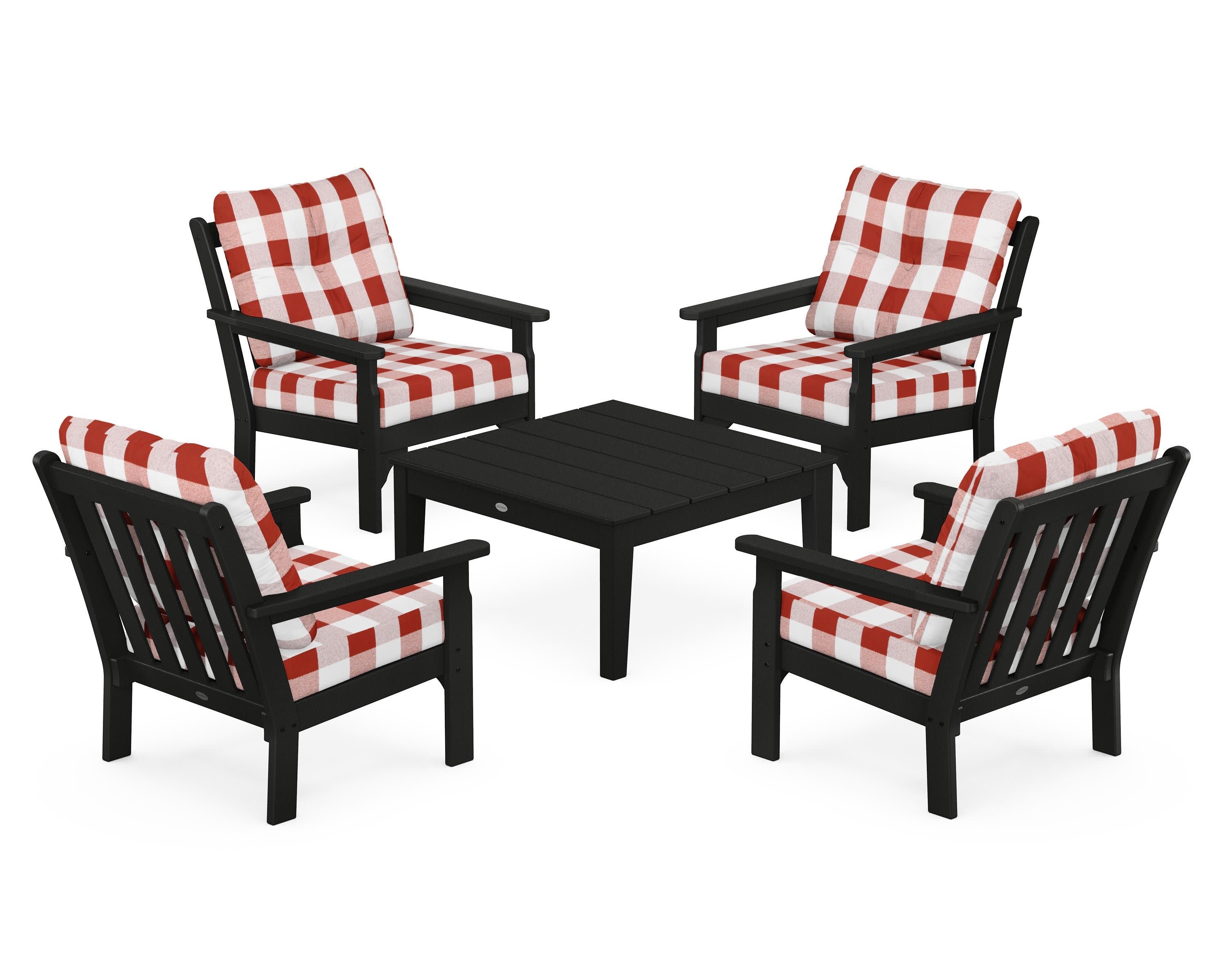 Vineyard 5-Piece Deep Seating Conversation Set in Black / Buffalo Plaid Crimson