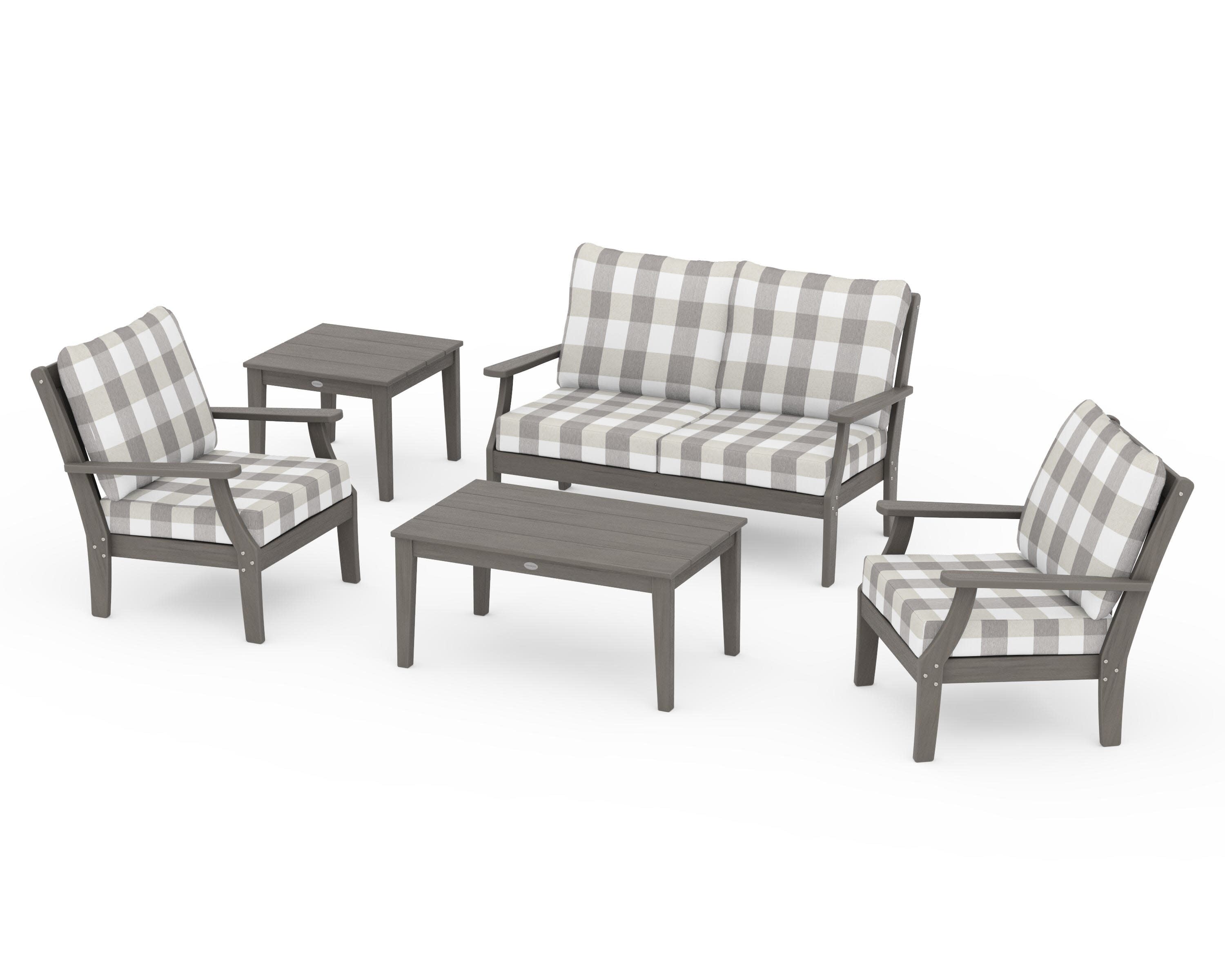 Braxton 5-Piece Deep Seating Set in Driftwood / Buffalo Plaid Grey Mist
