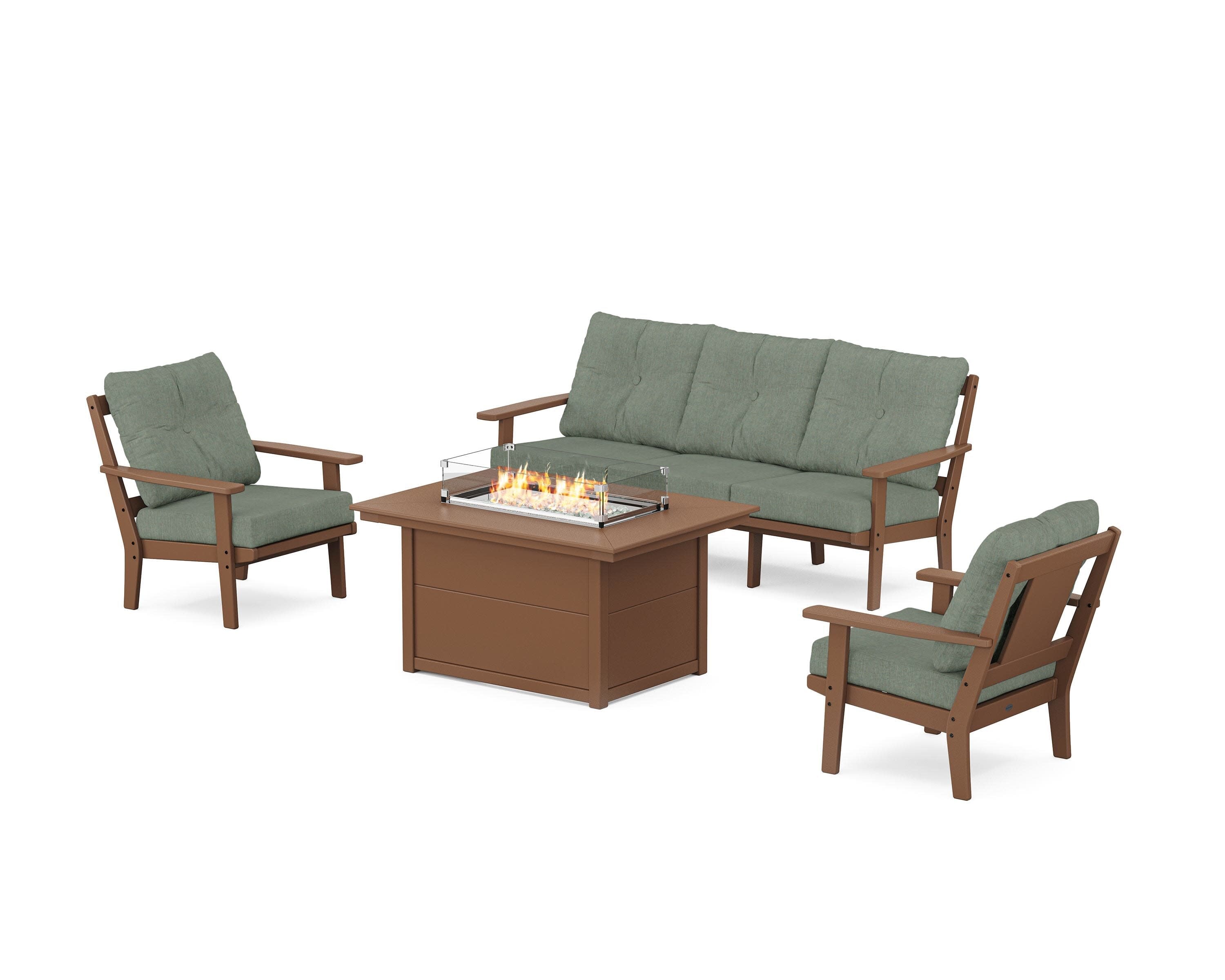 Prairie Deep Seating Fire Pit Table Set in Teak / Cast Sage
