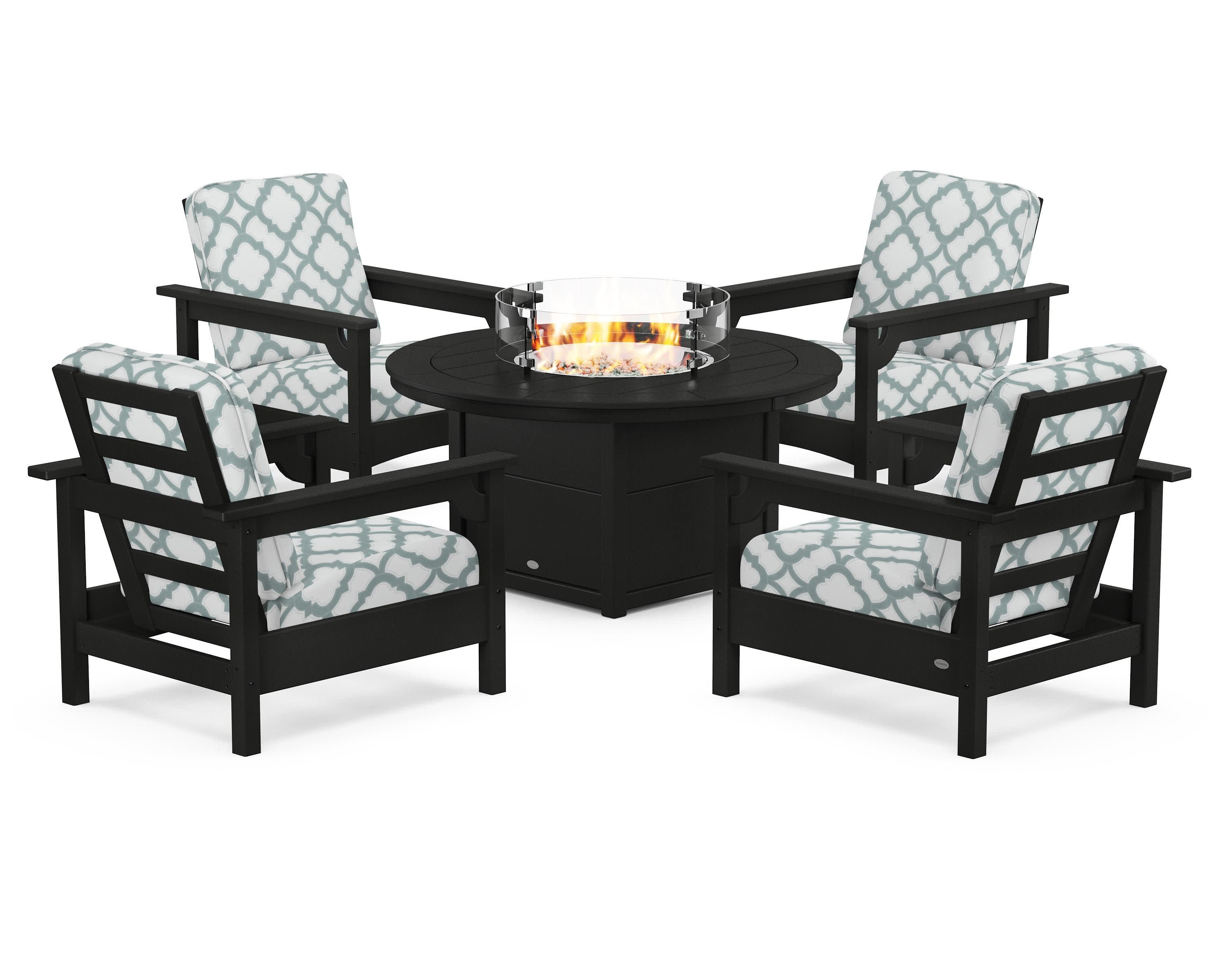 Club 5-Piece Conversation Set with Fire Pit Table in Black / Trellis Glacier Spa