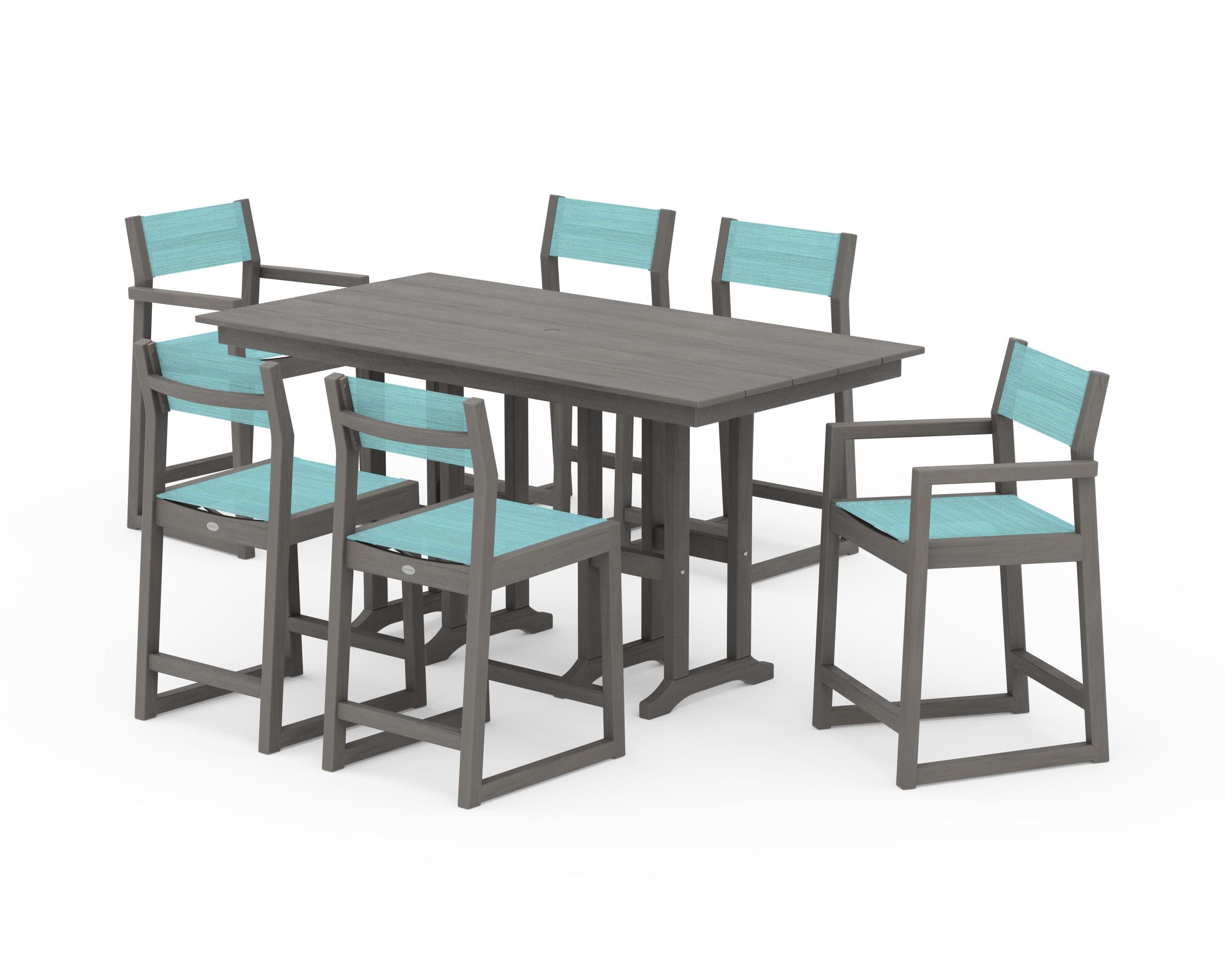 EDGE Sling 7-Piece Farmhouse Counter Set with Trestle Legs in Driftwood / Dupioni Aquamarine Sling