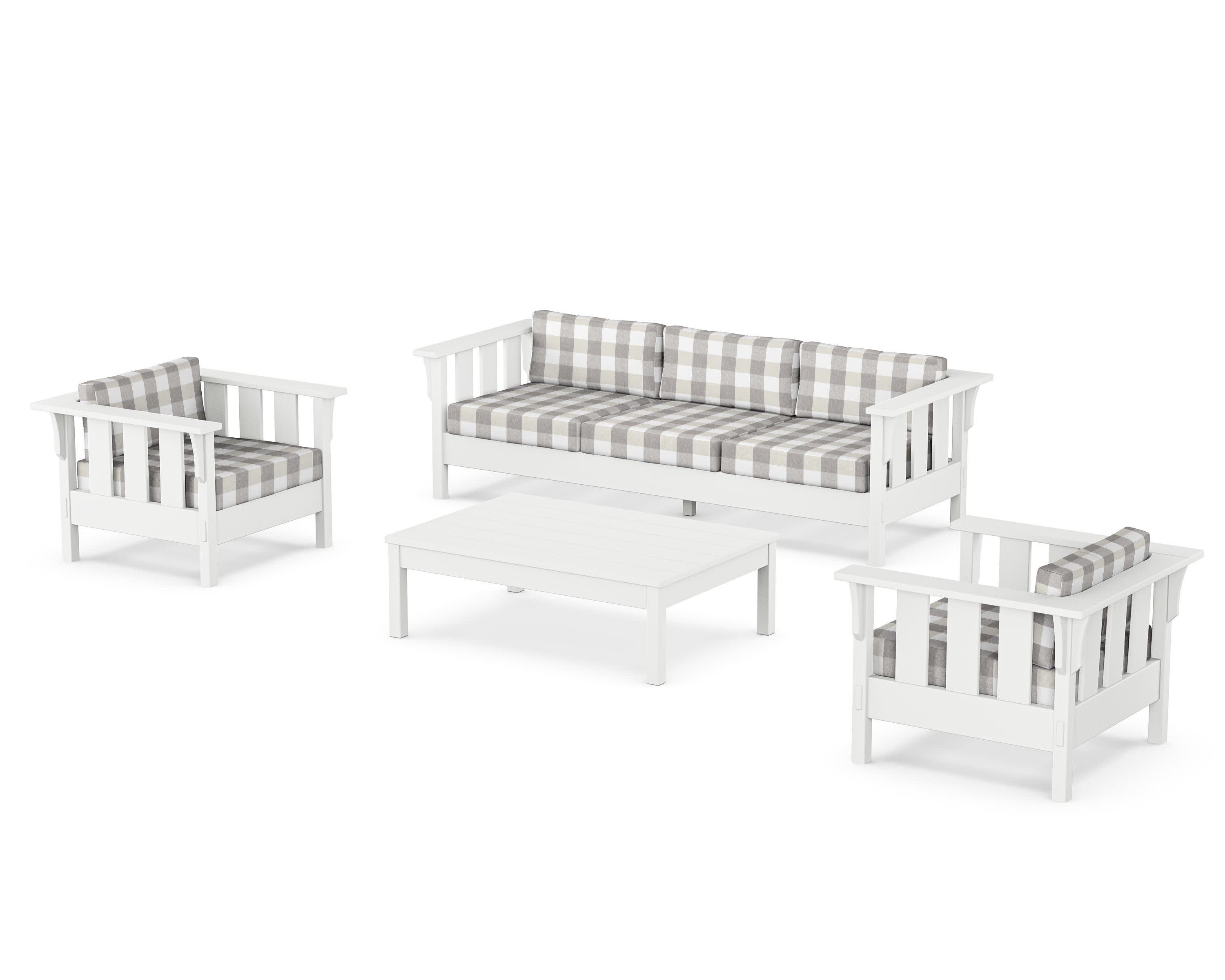 Acadia 4-Piece Deep Seating Set with Sofa in White / Buffalo Plaid Grey Mist
