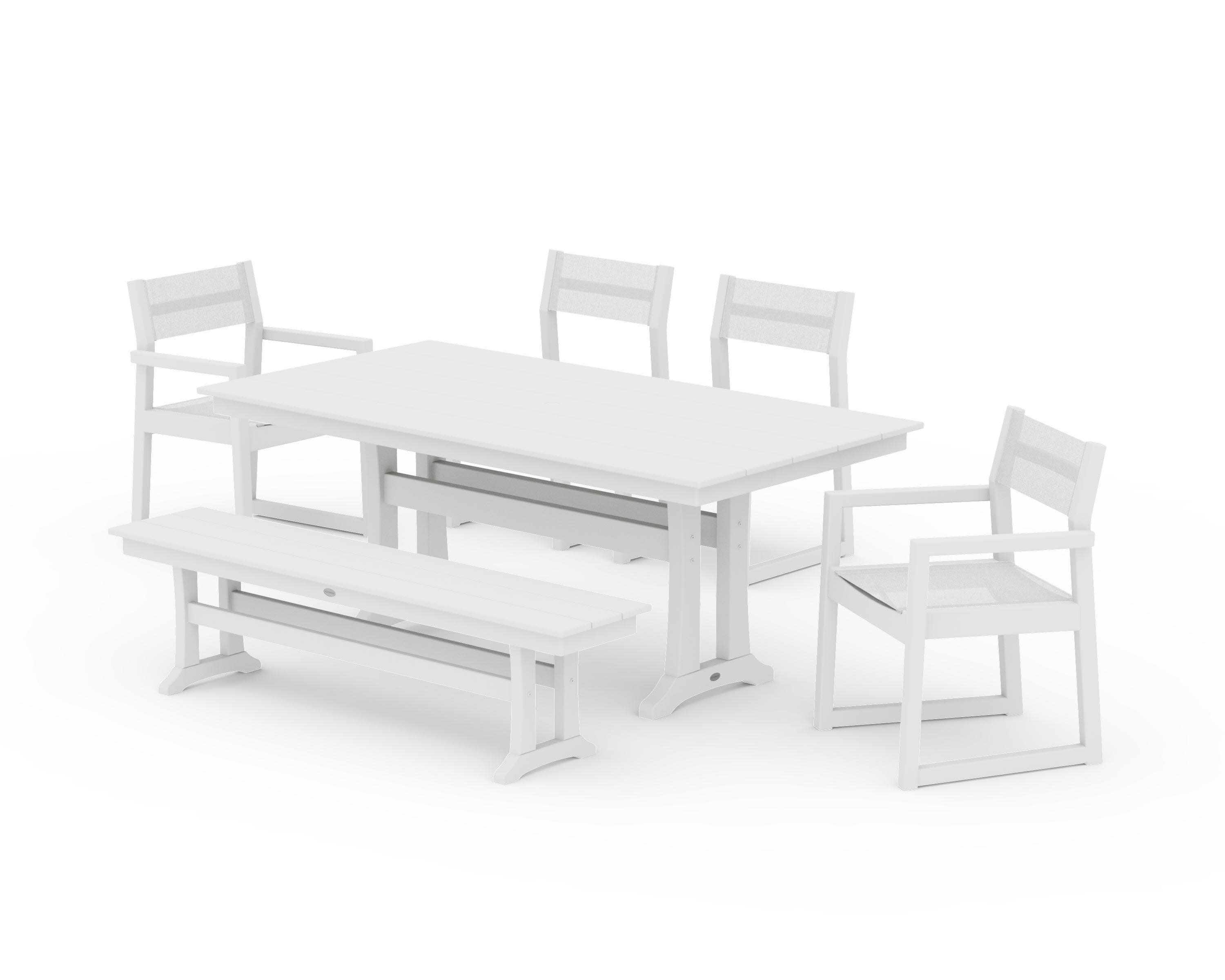 EDGE Sling 6-Piece Farmhouse Dining Set With Trestle Legs in White / White Sling