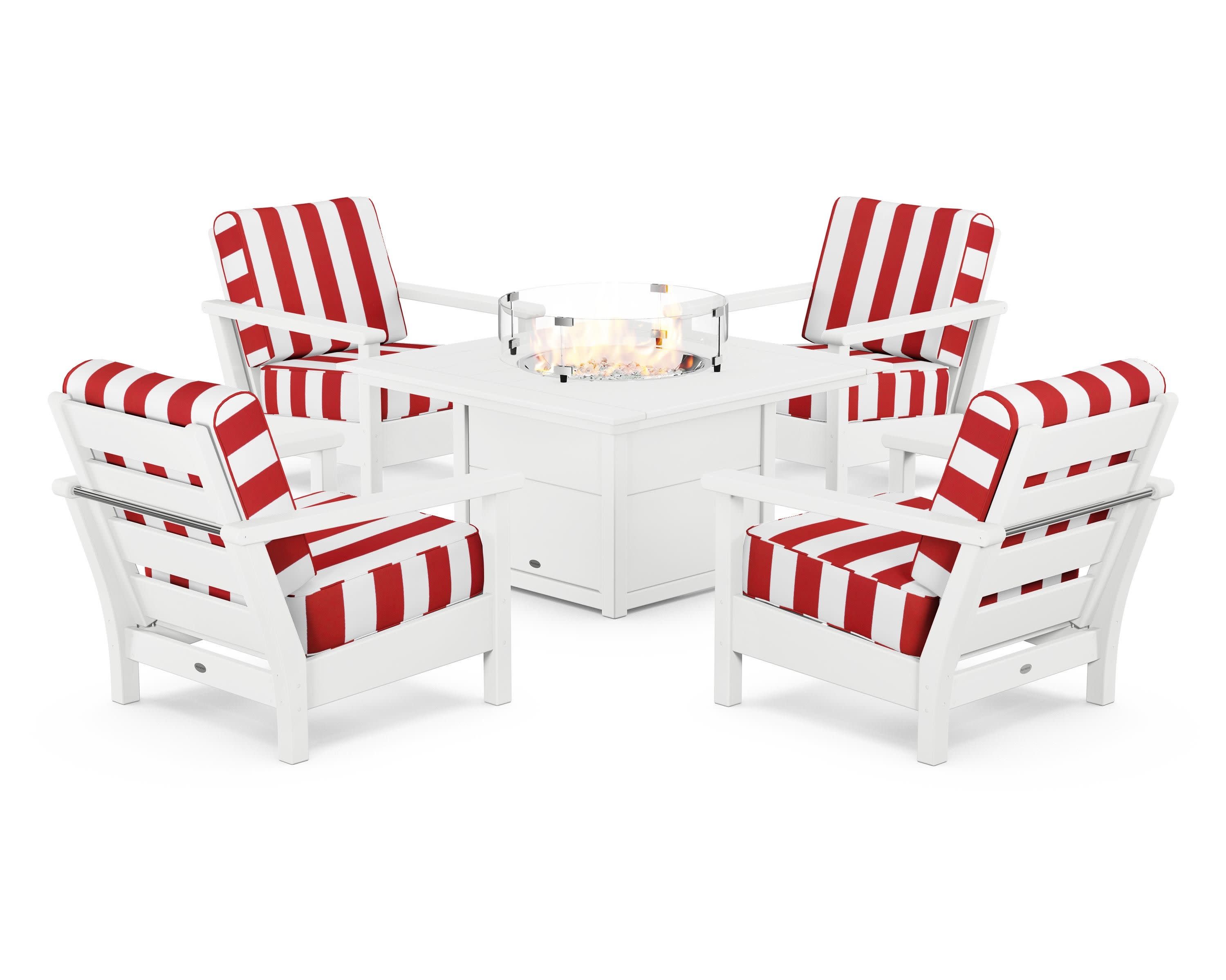 Harbour 5-Piece Conversation Set with Fire Pit Table in White / Cabana Stripe Crimson