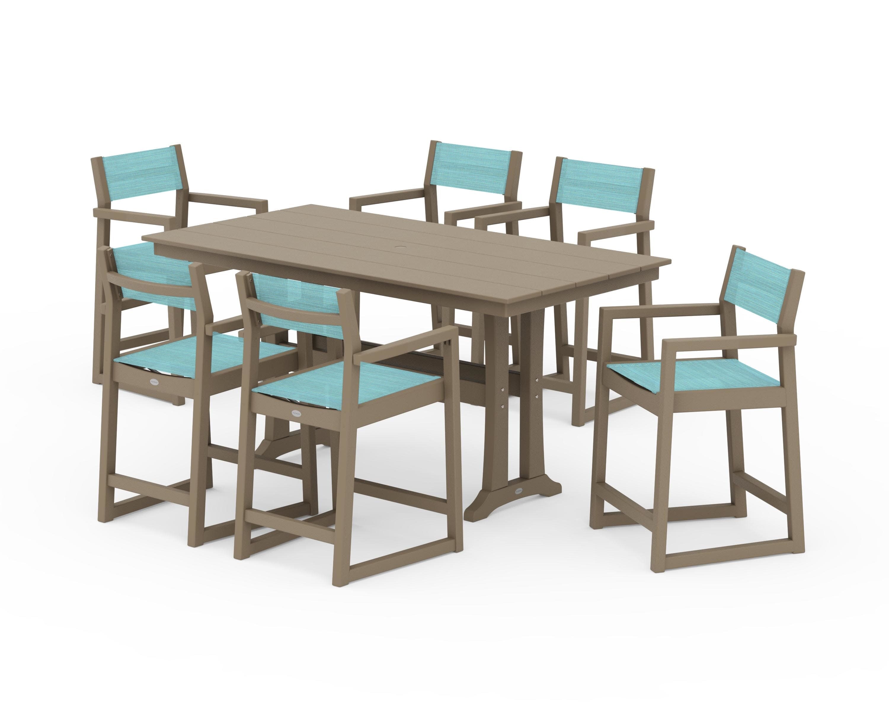 EDGE Sling Arm Chair 7-Piece Farmhouse Counter Set with Trestle Legs in Vintage Sahara / Dupioni Aquamarine Sling