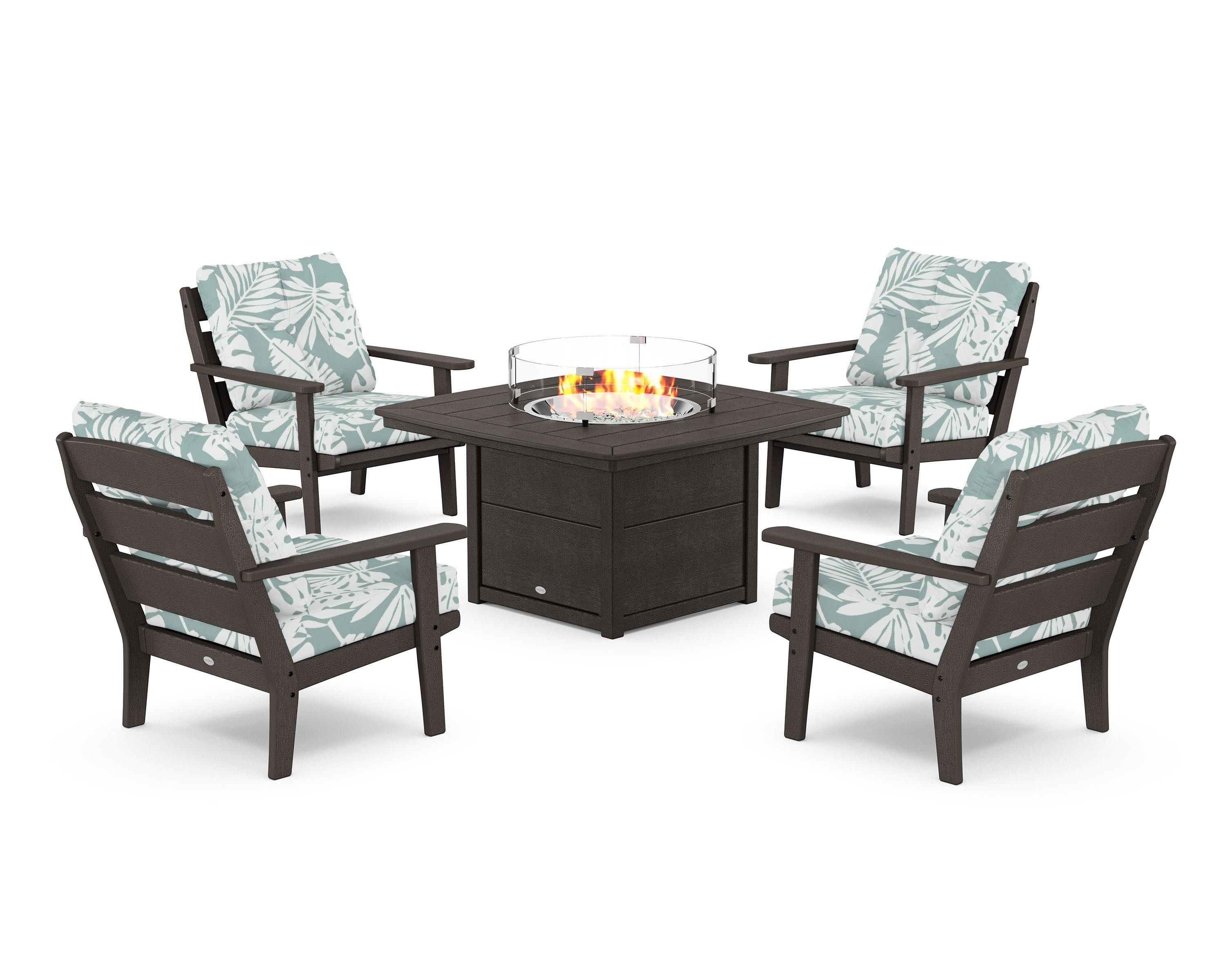 Lakeside 5-Piece Deep Seating Set with Nautical Fire Pit Table in Vintage Coffee / Leaf Glacier Spa