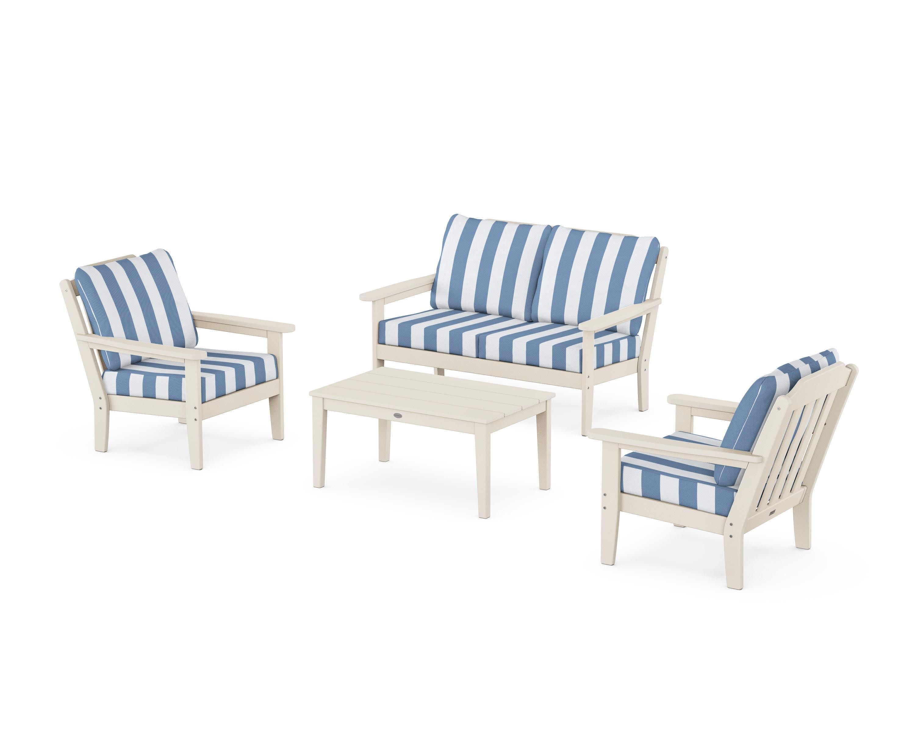 Cottage 4-Piece Deep Seating Set with Loveseat in Sand / Cabana Stripe Sky Blue