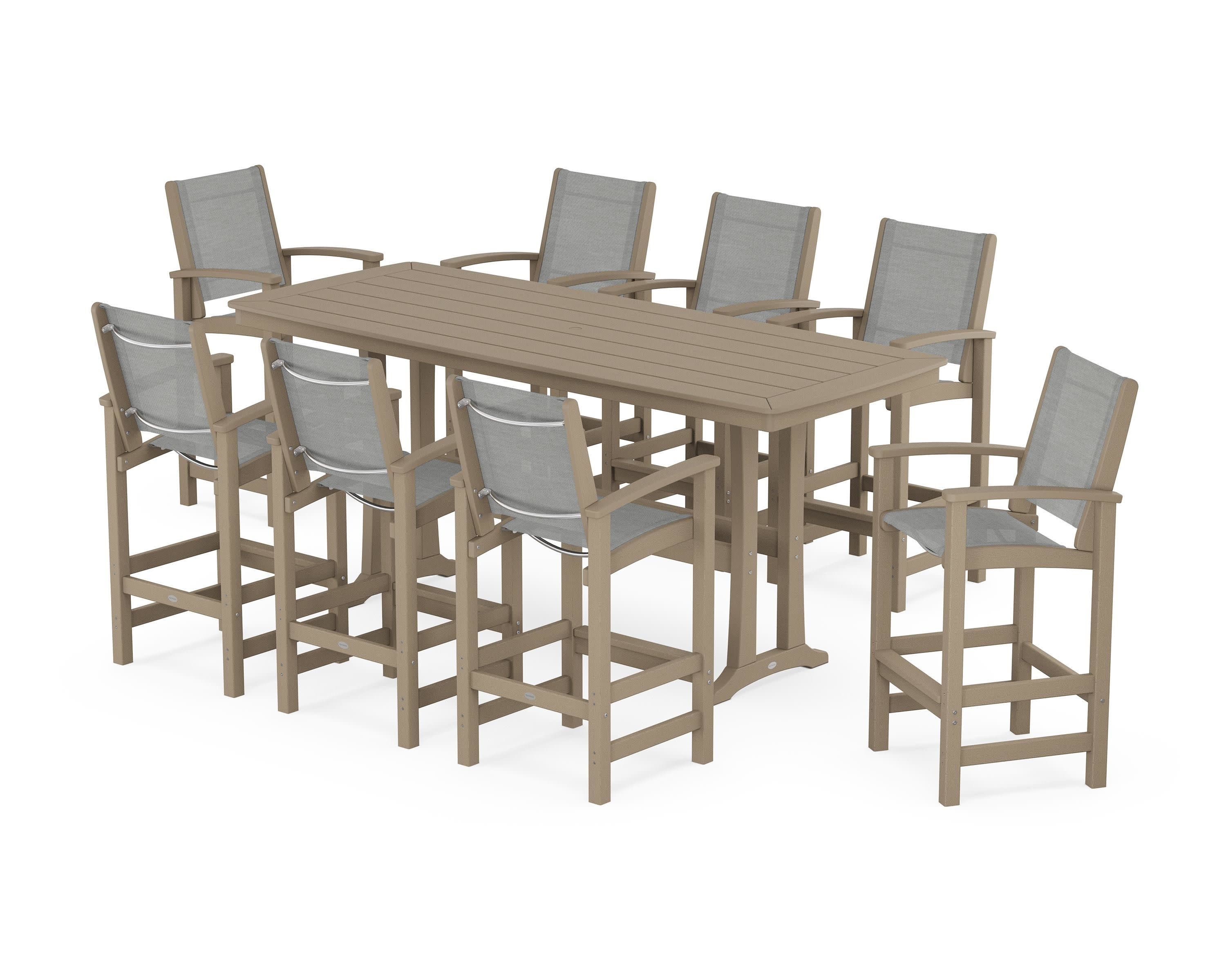 Coastal 9-Piece Bar Set with Trestle Legs in Vintage Sahara / Metallic Sling
