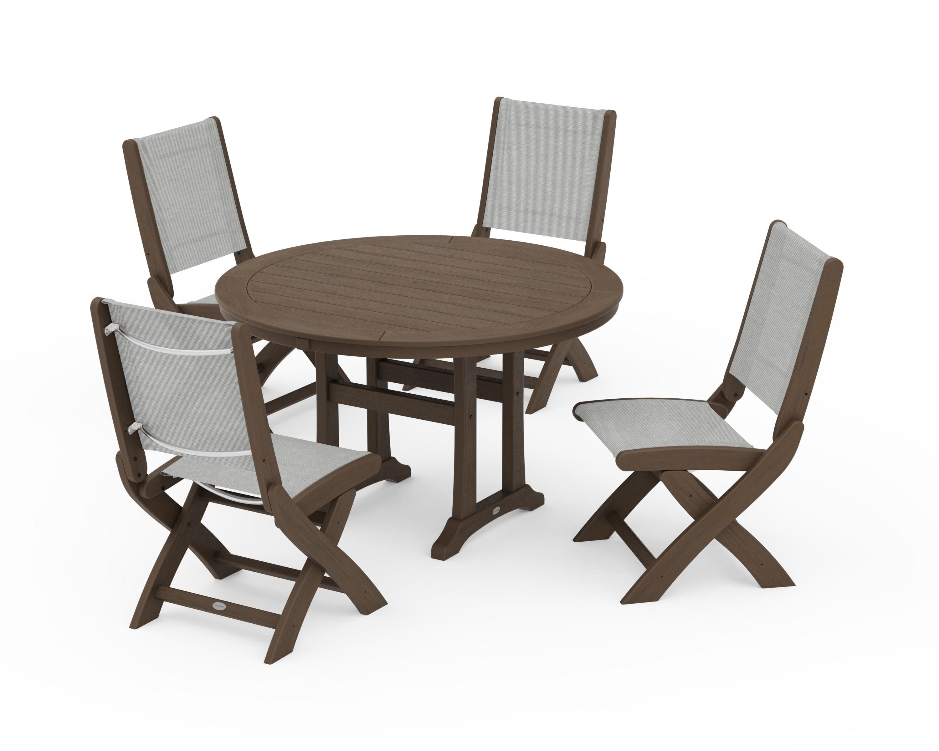 Coastal Folding Side Chair 5-Piece Round Dining Set With Trestle Legs in Kona / Metallic Sling