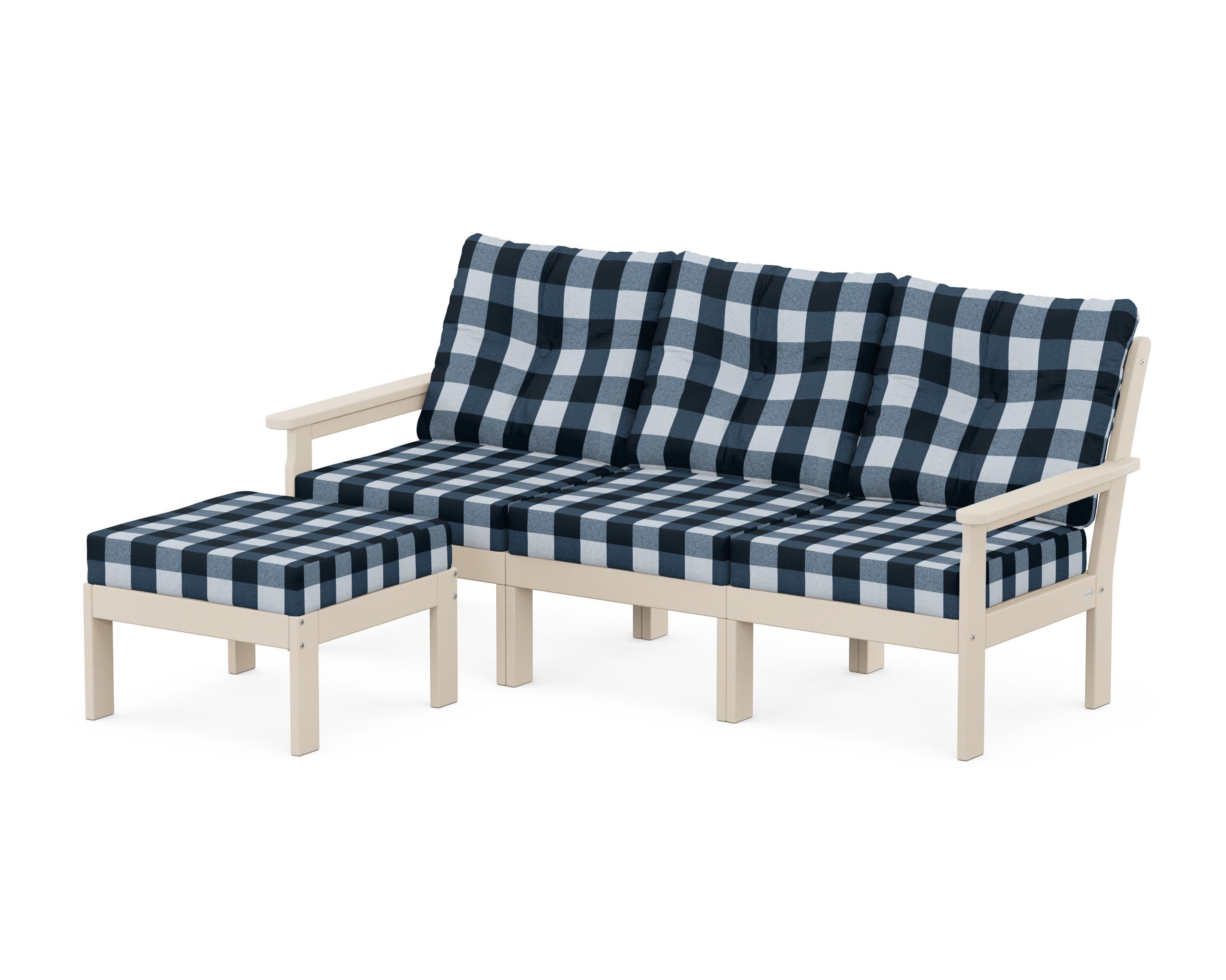 Vineyard 4-Piece Sectional with Ottoman in Sand / Buffalo Plaid Marine Indigo