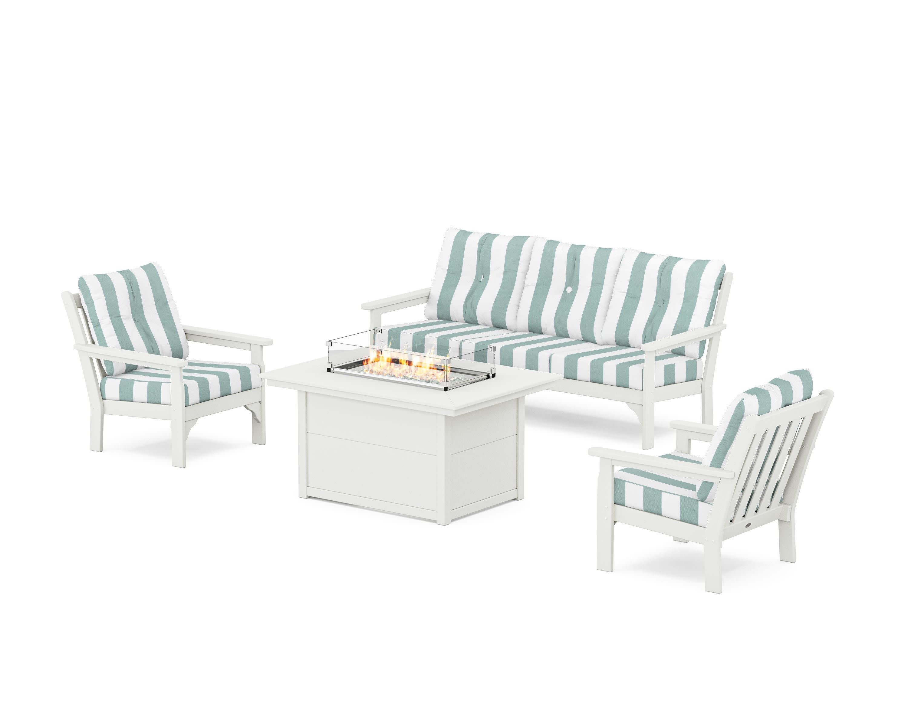 Vineyard Deep Seating Fire Pit Table Set in Vintage White / Cabana Stripe Glacier Spa