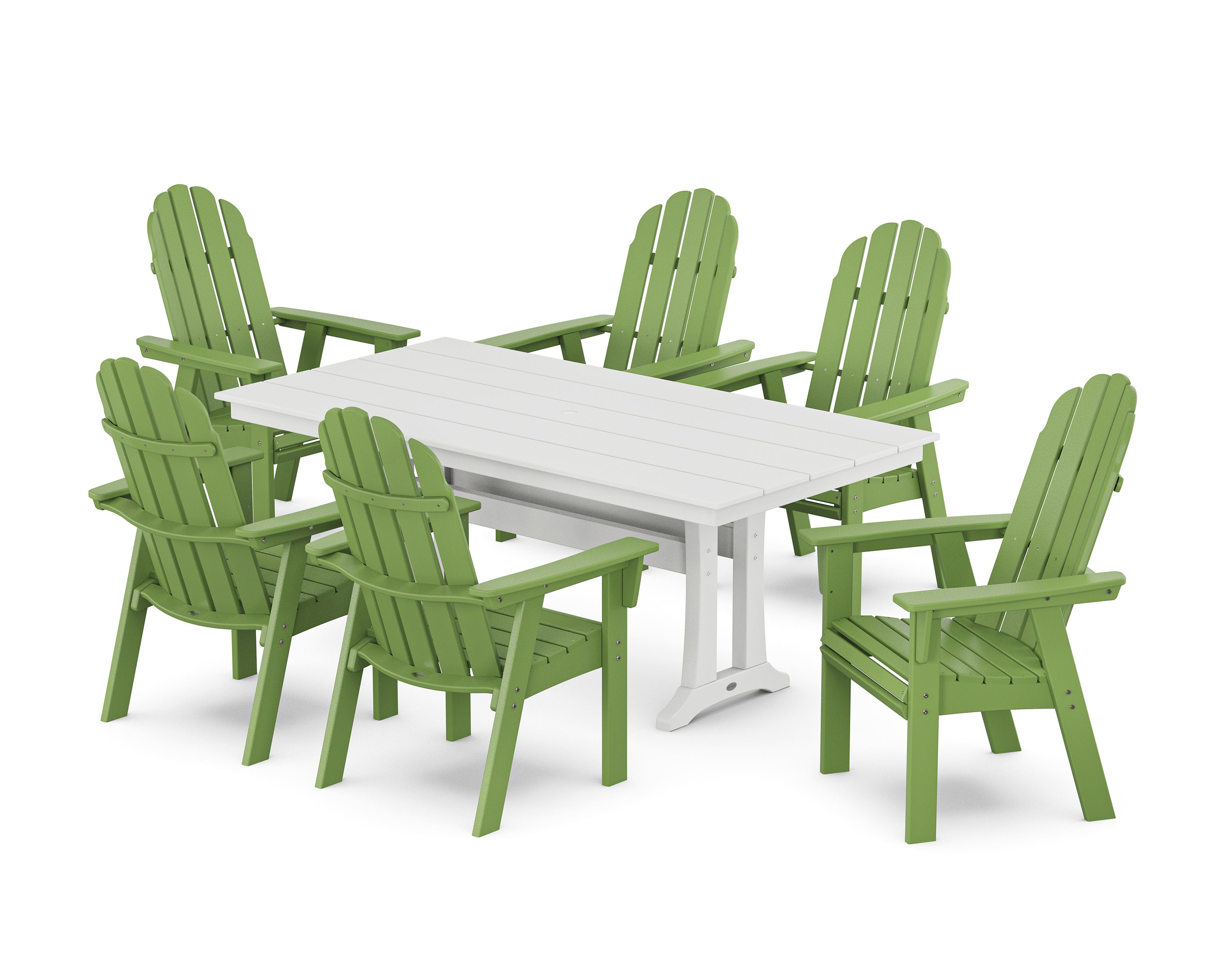 Vineyard Curveback Adirondack Chair 7-Piece Farmhouse Dining Set with Trestle Legs in Lime / White