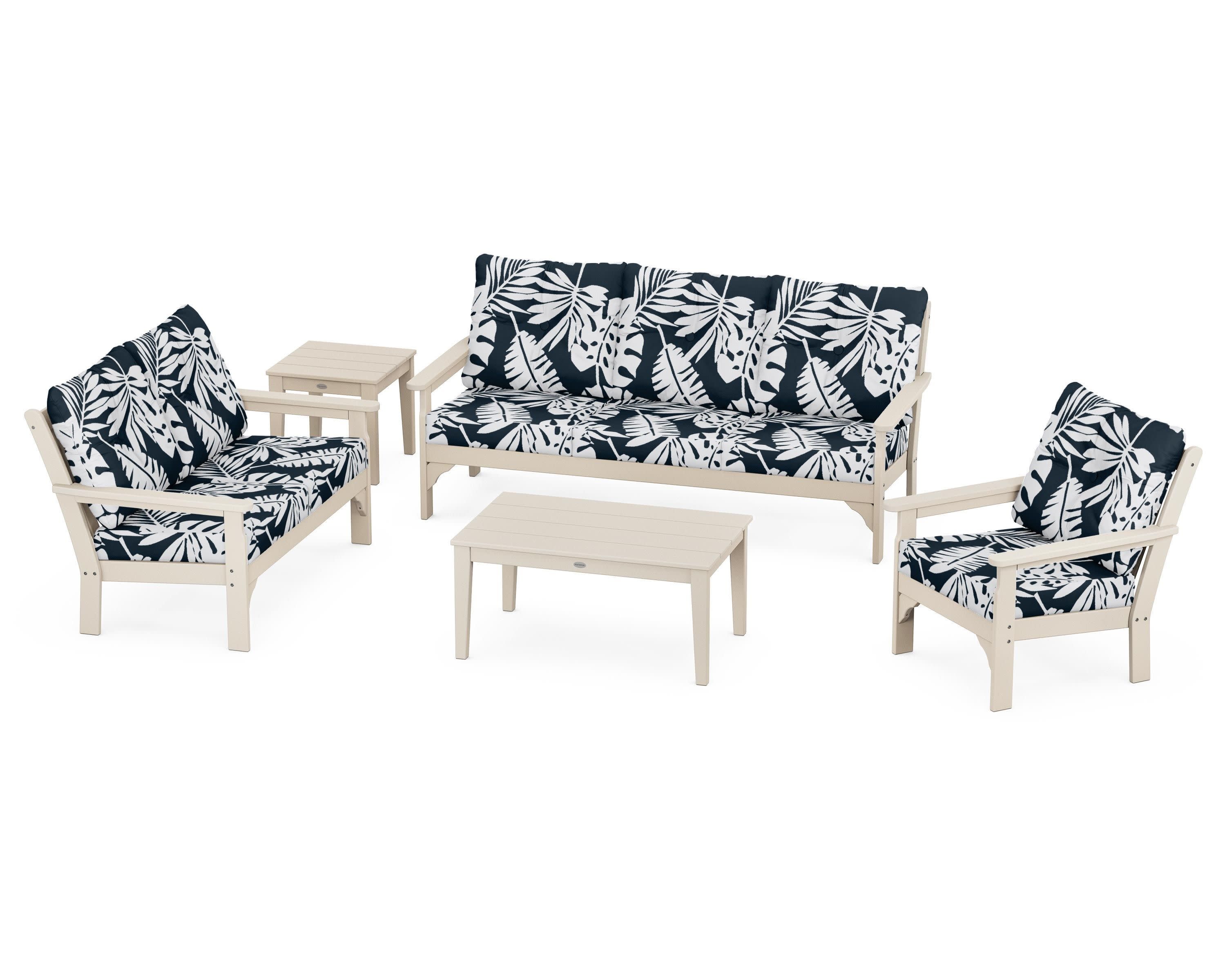 Vineyard 5 Piece Deep Seating Set in Sand / Leaf Marine Indigo