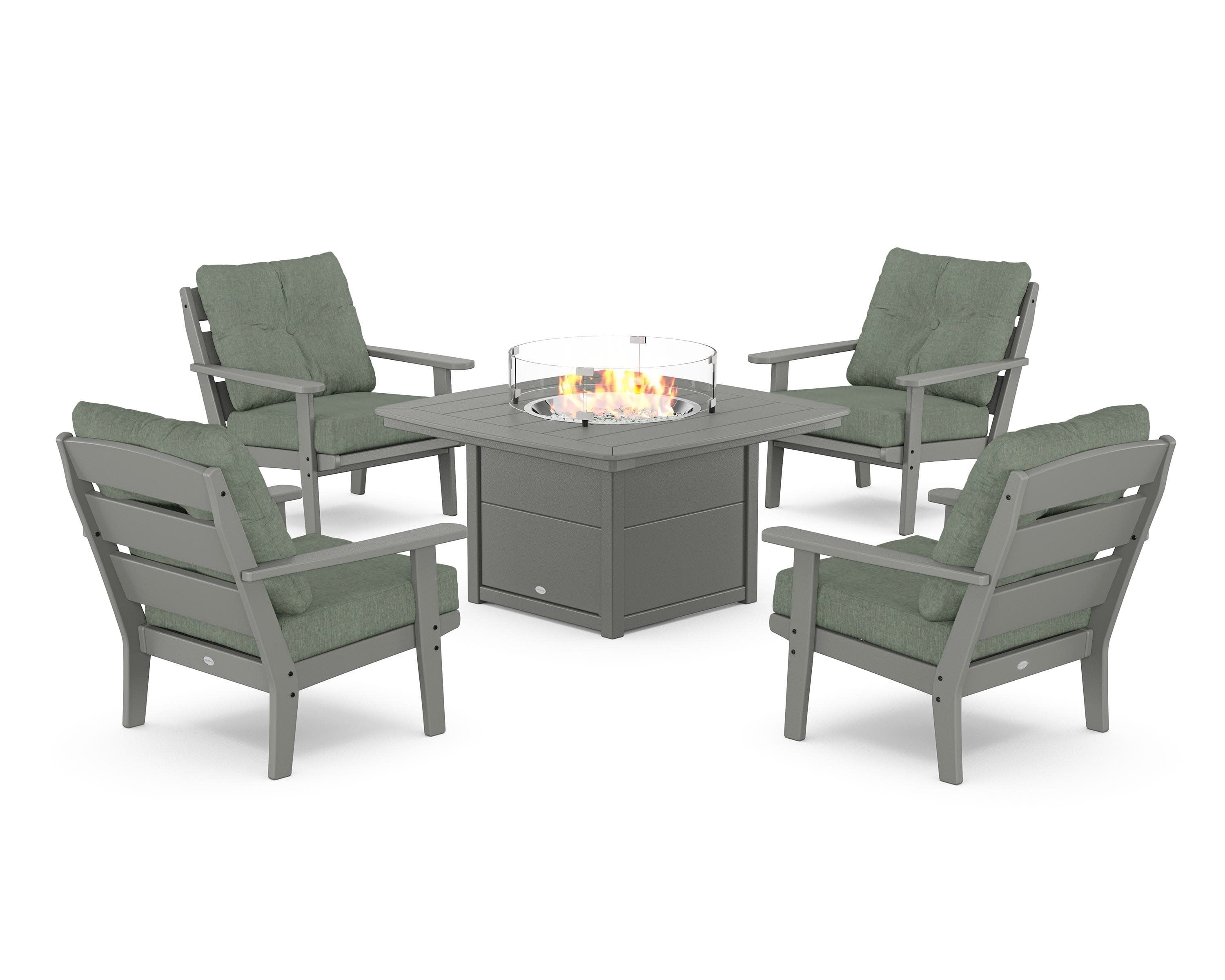 Lakeside 5-Piece Deep Seating Set with Nautical Fire Pit Table in Slate Grey / Cast Sage