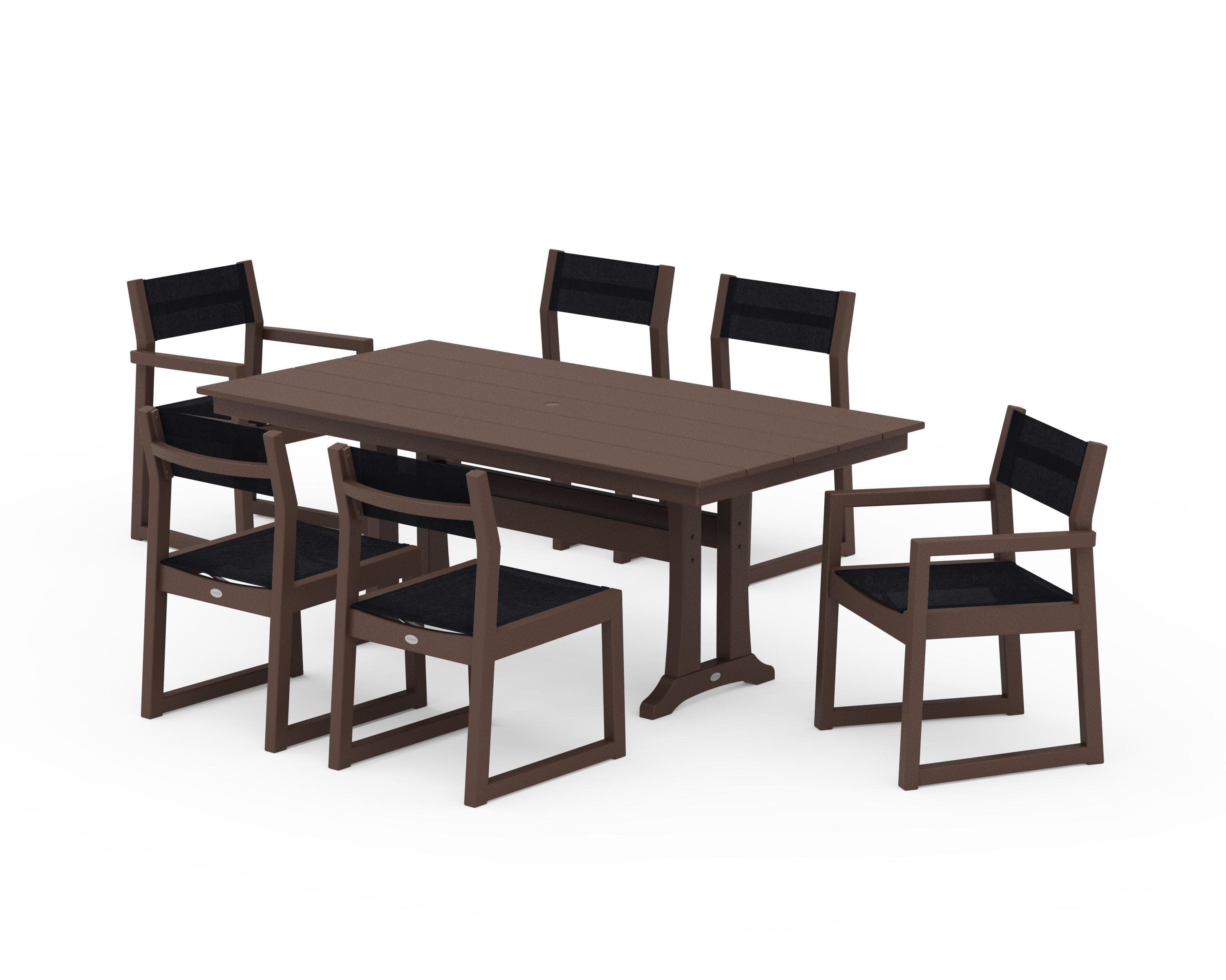 EDGE Sling 7-Piece Farmhouse Trestle Dining Set in Mahogany / Black Sling