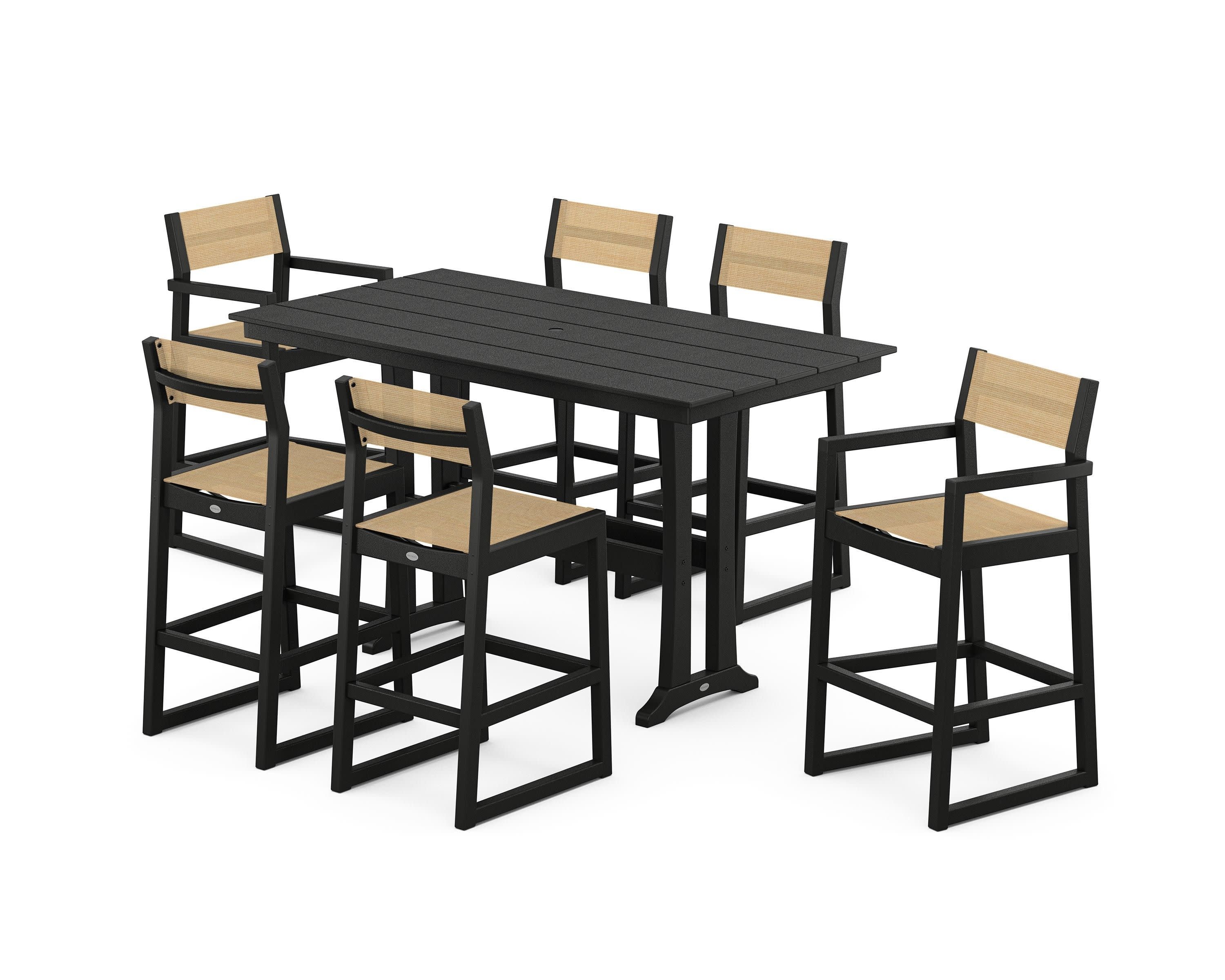 EDGE Sling 7-Piece Farmhouse Bar Set with Trestle Legs in Black / Dupioni Apricot Sling