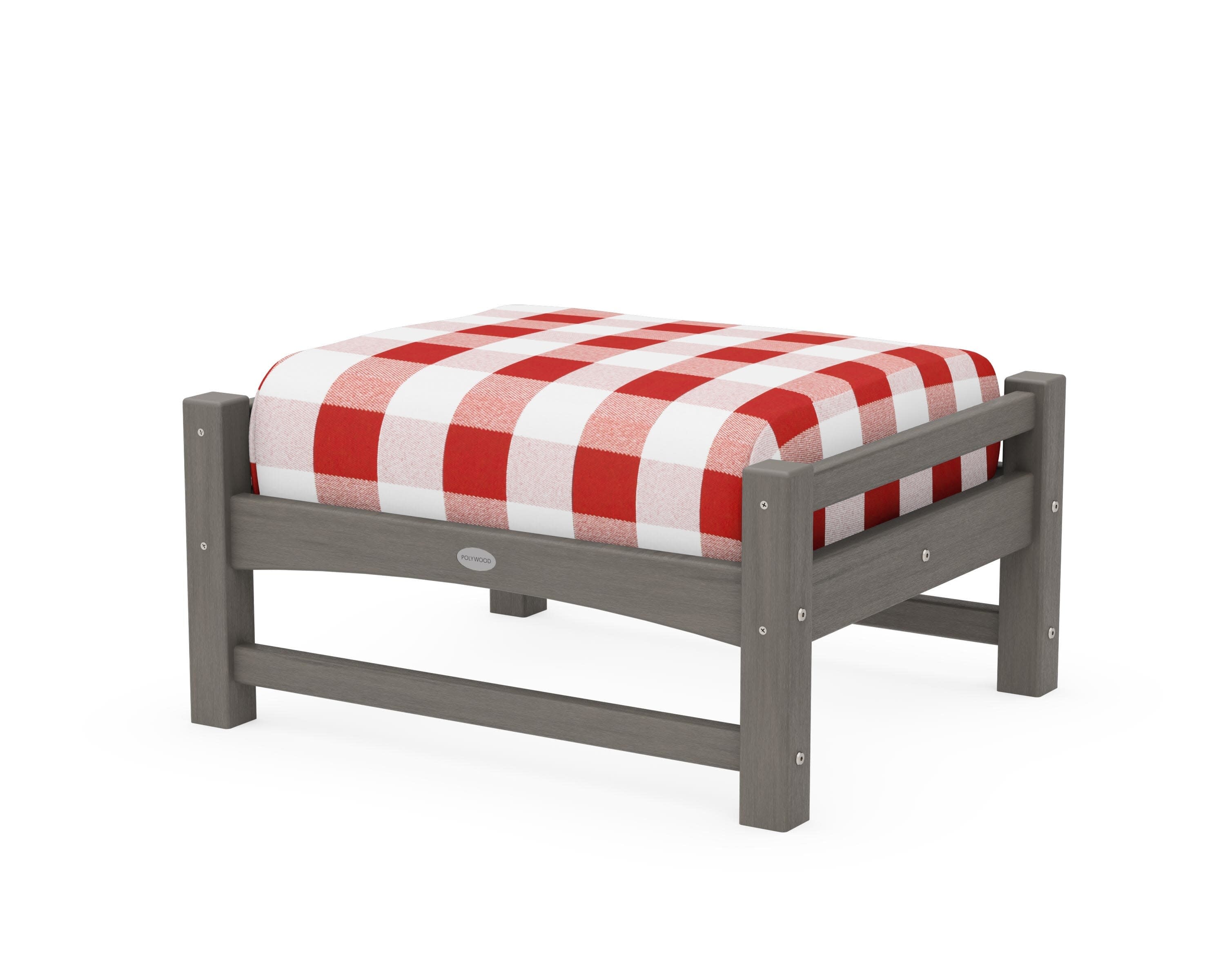 Club Ottoman in Driftwood / Buffalo Plaid Crimson