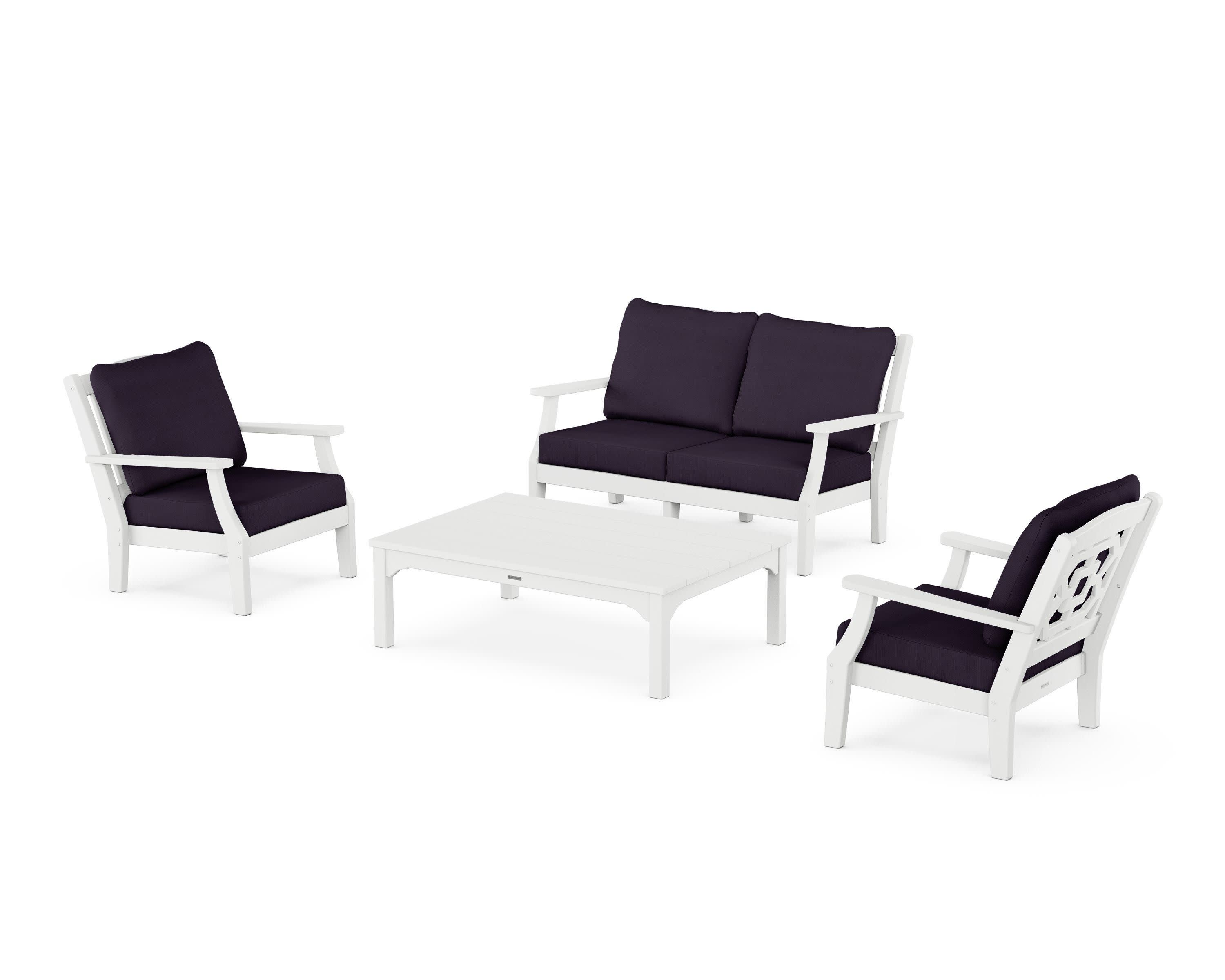 Chinoiserie 4-Piece Deep Seating Set with Loveseat in White / Navy Linen